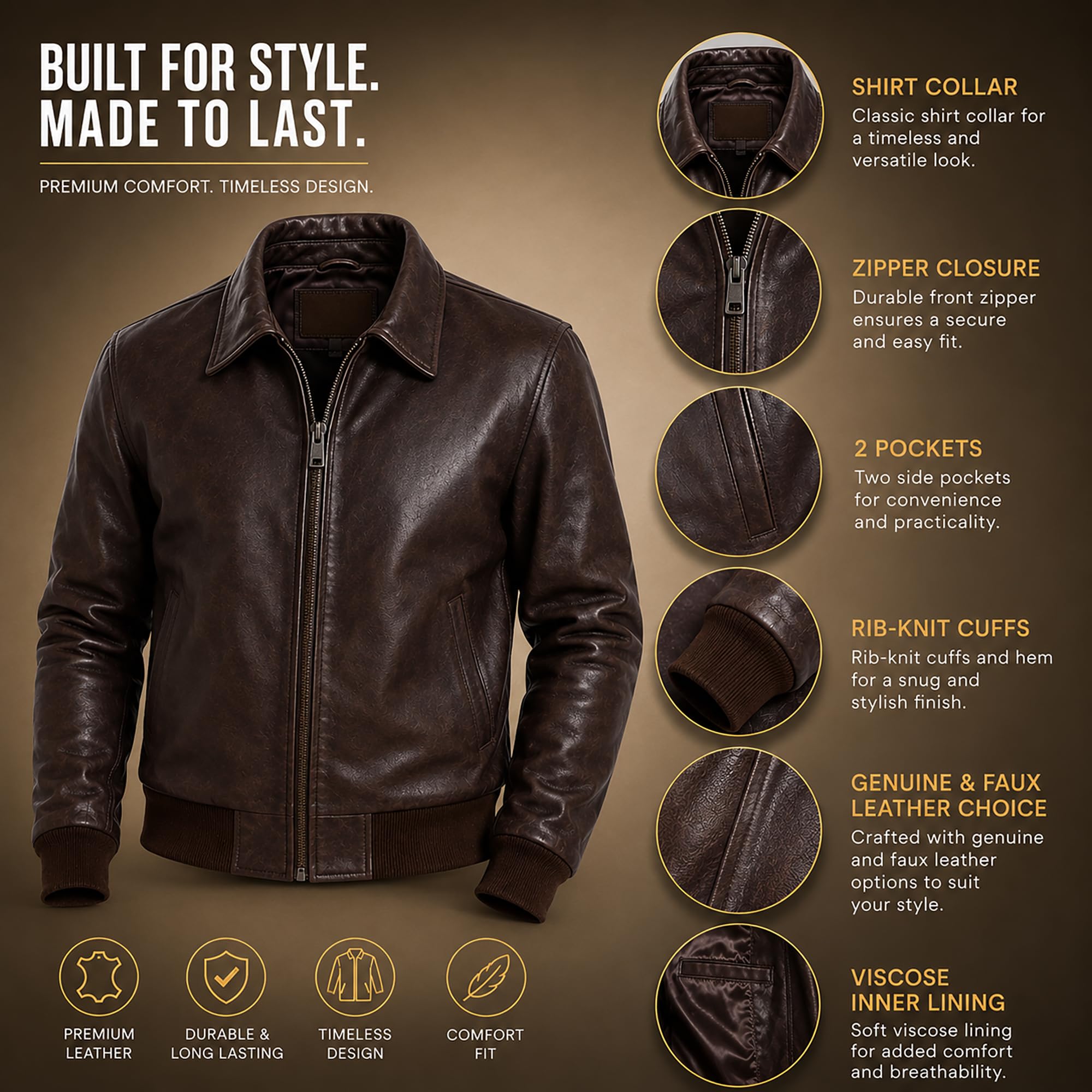 Fashion_First Chaqueta bomber de piel de cordero suave para hombre, chaqueta casual para motocicleta, fiestas al aire libre, color negro y marrón