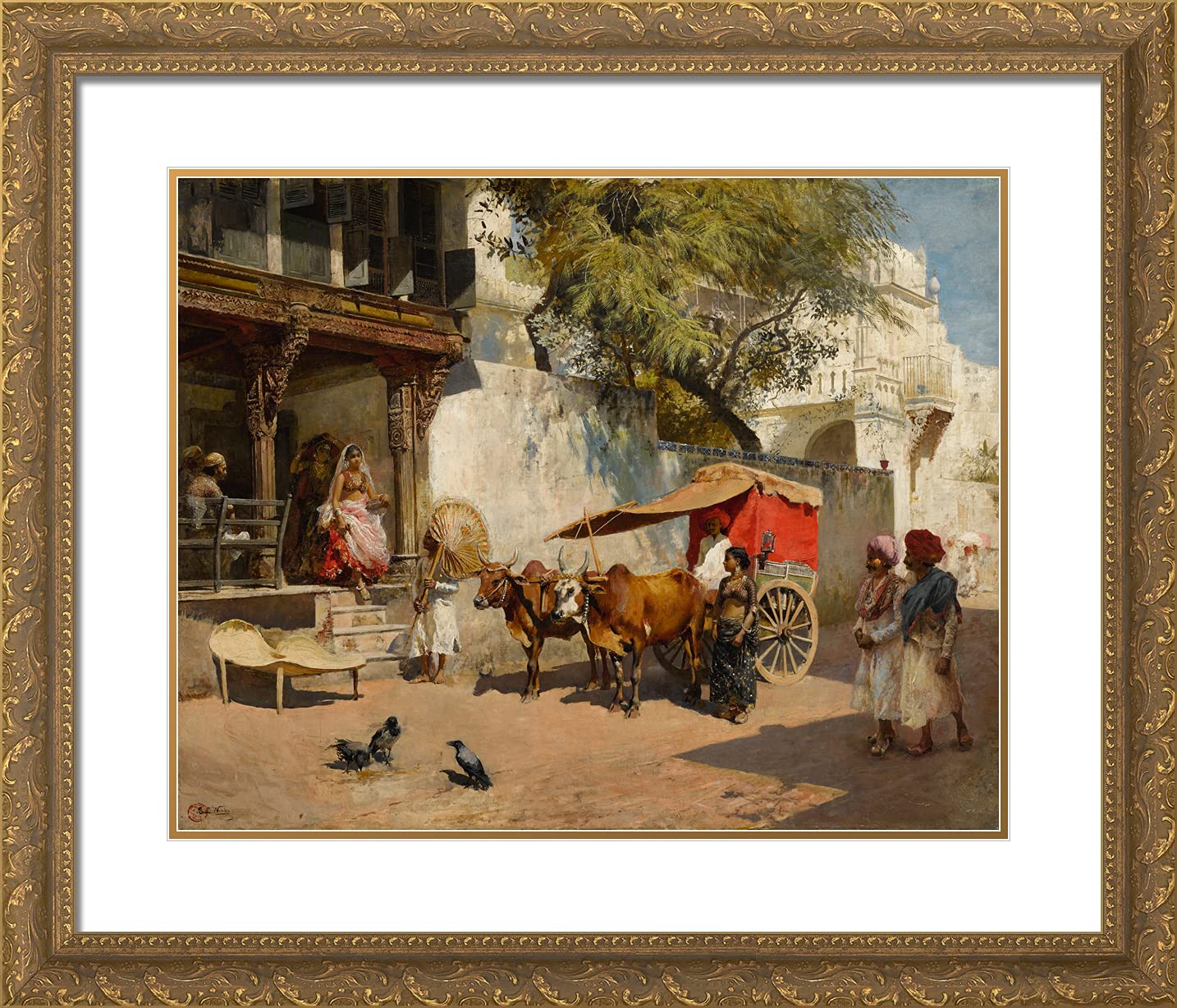ArtDirect Weeks, Lord Edwin 23x20 Gold Ornate Framed Art Print with Double Matting Titled: Nautch Girls and Bullock Gharry Ahmedabad