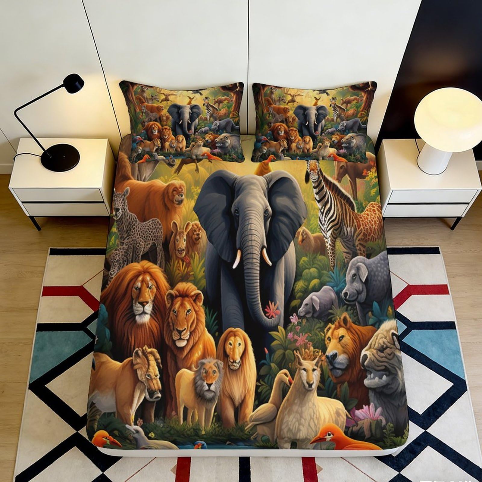 3D Printed African Wildlife Fitted Sheet Microfiber Soft Durable Jungle Animals Bed Cover for Bedroom Dormitory Guest Room Mattress Protection 180x200x25cm