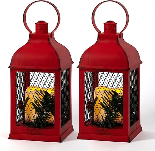 HN HAIINAA Farol rojo de Navidad LED parpadeante sin llama con temporizador, faroles colgantes decorativos de pino y bayas de acebo para interiores