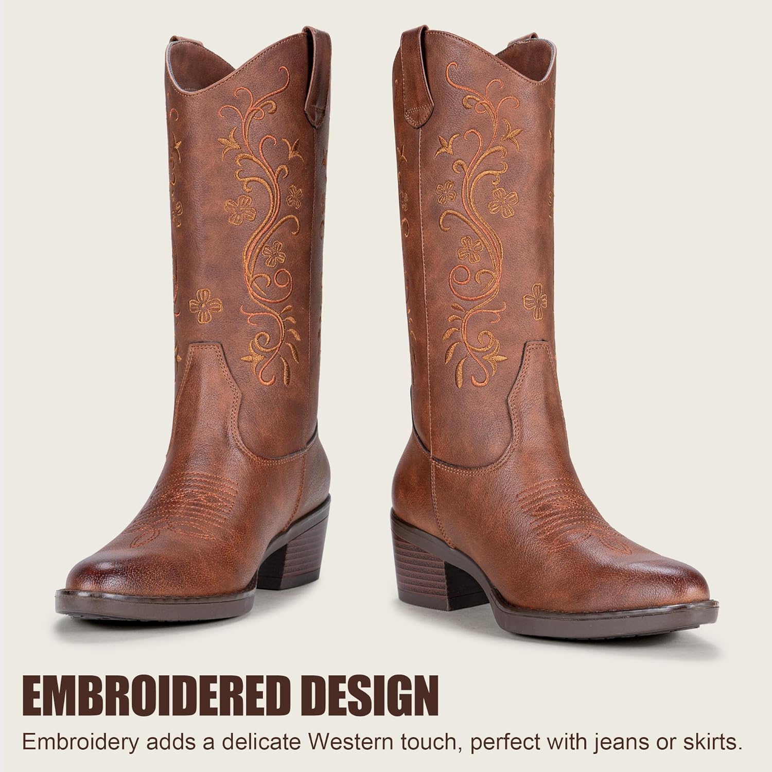 Vepose Women's Cowboy Boots, Embroidered Western Mid-Calf 9802 Cowgirl Boots, Pointed Toe Pull on Boots with Chunky Heel - Image 4