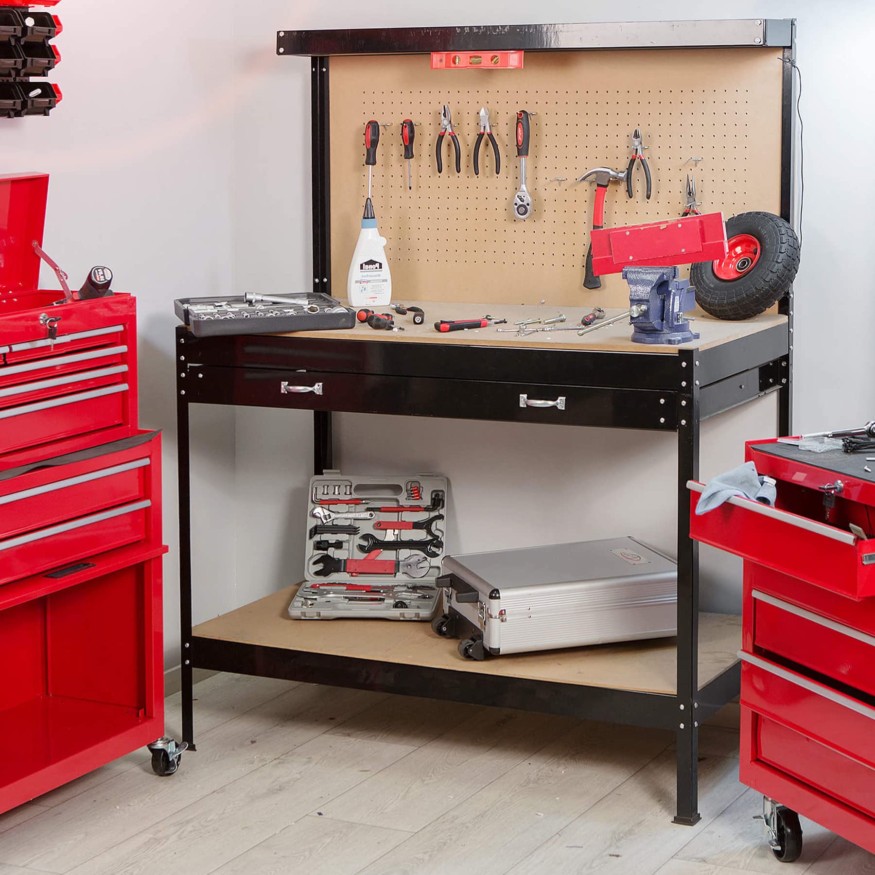 tectake® Etabli Atelier Garage 120 x 60 x 156 cm, Plan de Travail Clair et spacieux, Table Haute, Grand tiroir, étagère Pratique, Etabli avec Panneau Perforé, Rangement des Outils, Rangement Garage