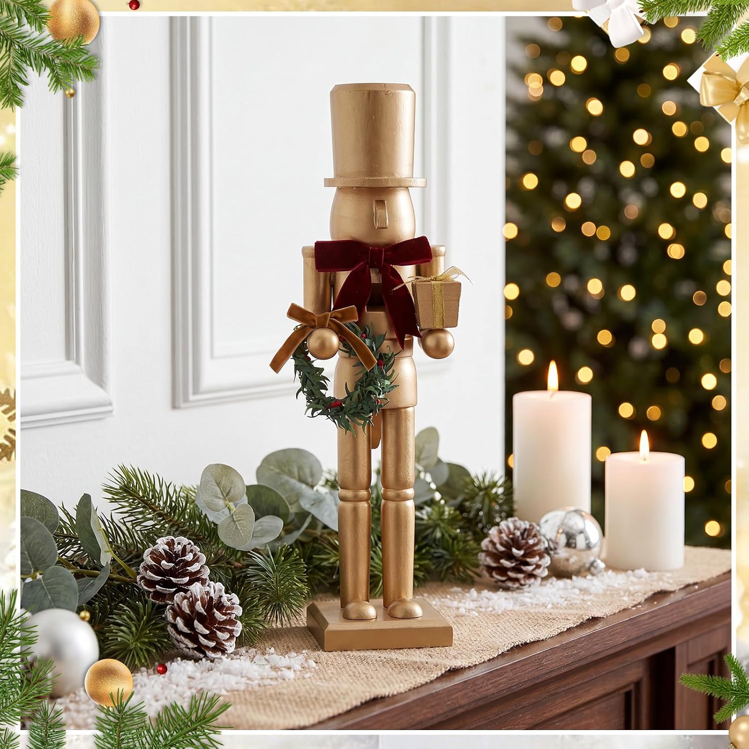 Blosssound 15" Gold Christmas Nutcracker Decor Neutral Figurine, Wreath