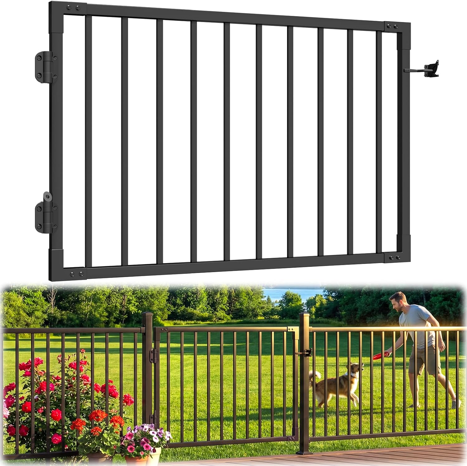 W.4ft x H.36in Aluminum Deck Gate Kit for H. 36in Railing System, Cuttable Porch Gate Outdoor with Latch and Auto-Close Hinge, Texture Black AAMA 2604 Grade Finish for Deck, Patio, Garden