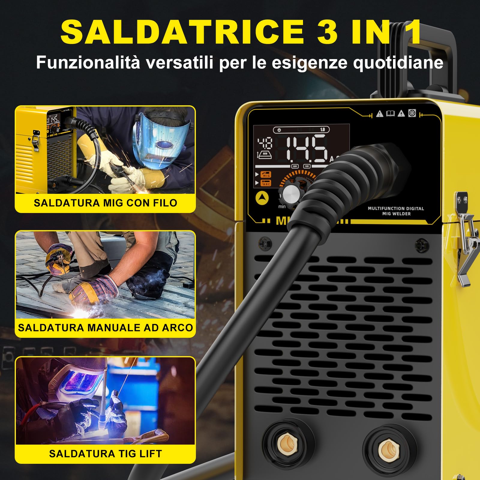 HAXIAOER 145A Saldatrice a Filo Continuo No Gas, 3 In 1 ARC/Flux MIG/MMA Lift TIG Saldatrice MIG con Luce LED, Compatta Saldatrice a Inverter, Avanzamento Filo Sinergico