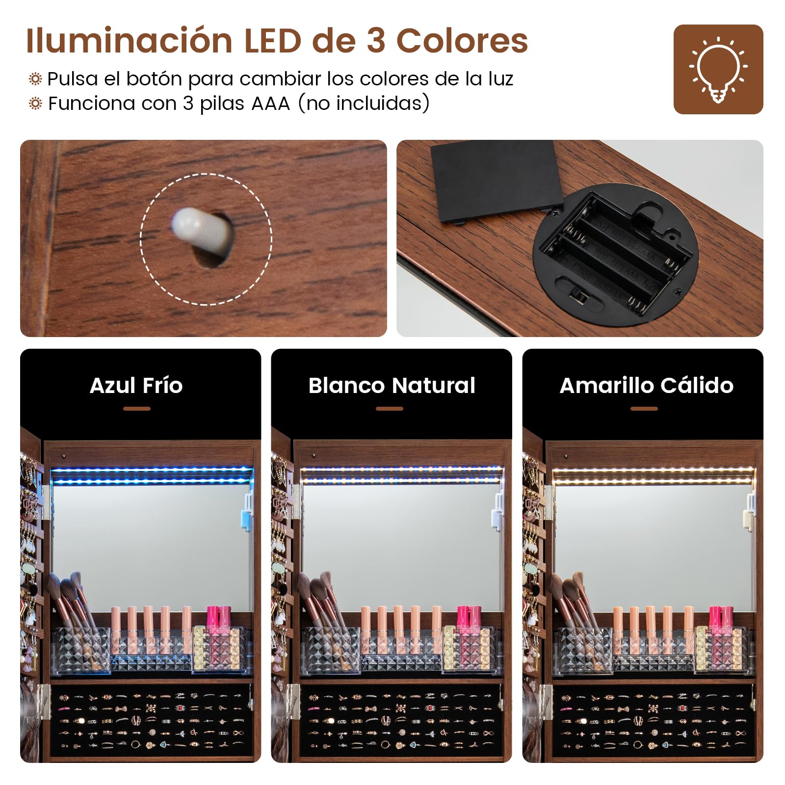 Espejo Joyero de Pie RELAX4LIFE 3 en 1 con LED 3 Colores, Ruedas Giratorias 360°, Armario para Joyas con 3 Estantes, Marrón