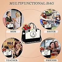 Vista 4 de YOOLIFE Bolsa de algodón con inicial con bolsa de maquillaje, bolsa de playa con cremallera correa ajustable, regalos de cumpleaños para mujeres