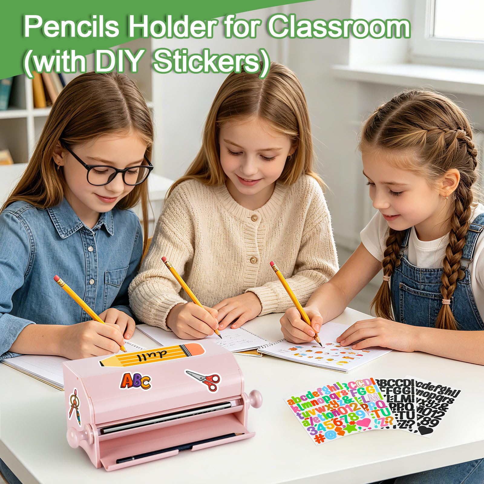 Dispensador de lápices para aula con 4 hojas de calcomanías, soporte acrílico para lápices para escritorio, caja de almacenamiento de lápices para uso en la oficina o regalo para profesores