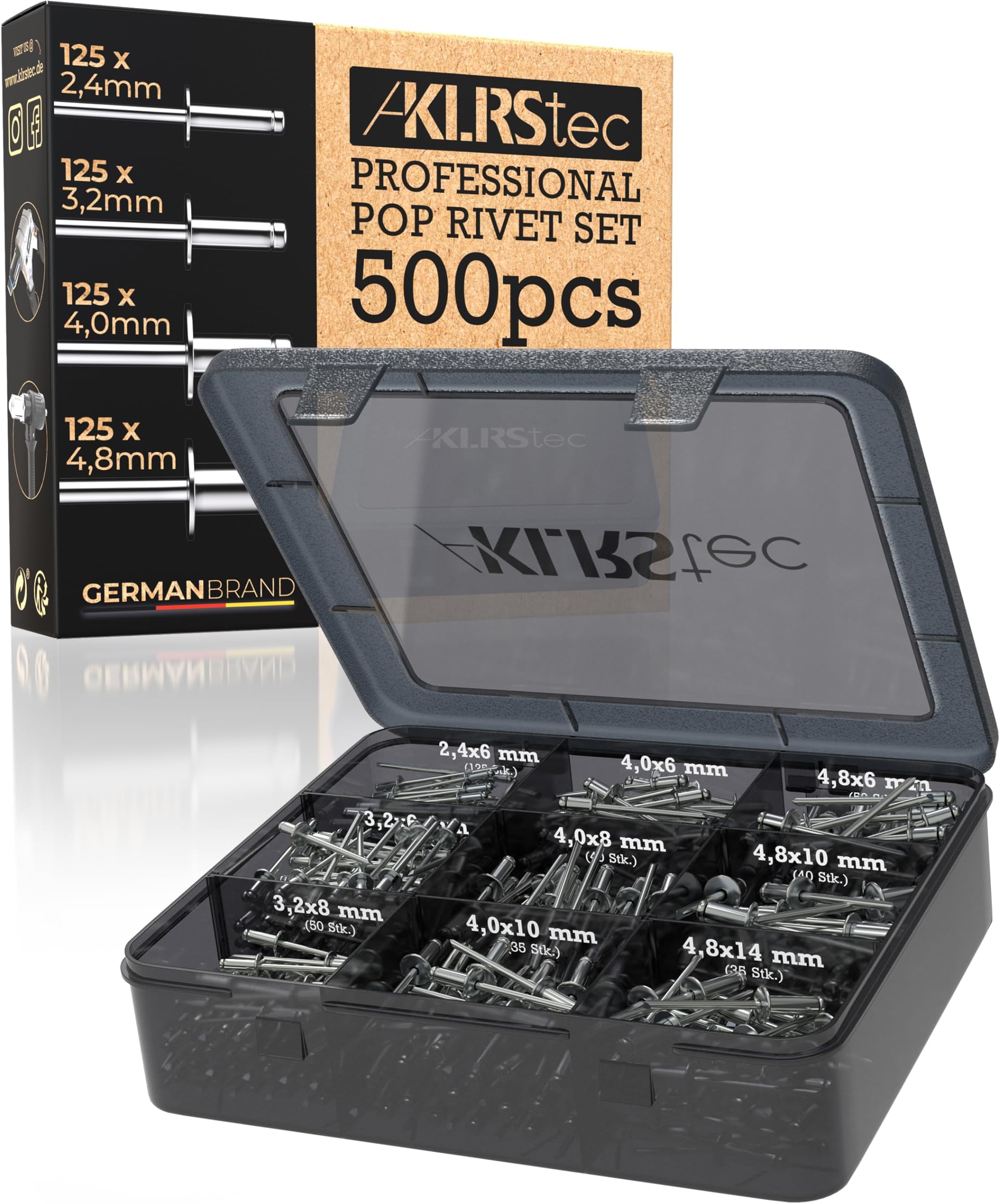 KLRStec Pop Rivets Assortment Kit 500 Pieces Aluminium Rivets for Rivet Guns 125 Pieces Each Size 2.4 mm 3.2 mm 4.0 mm 4.8 mm