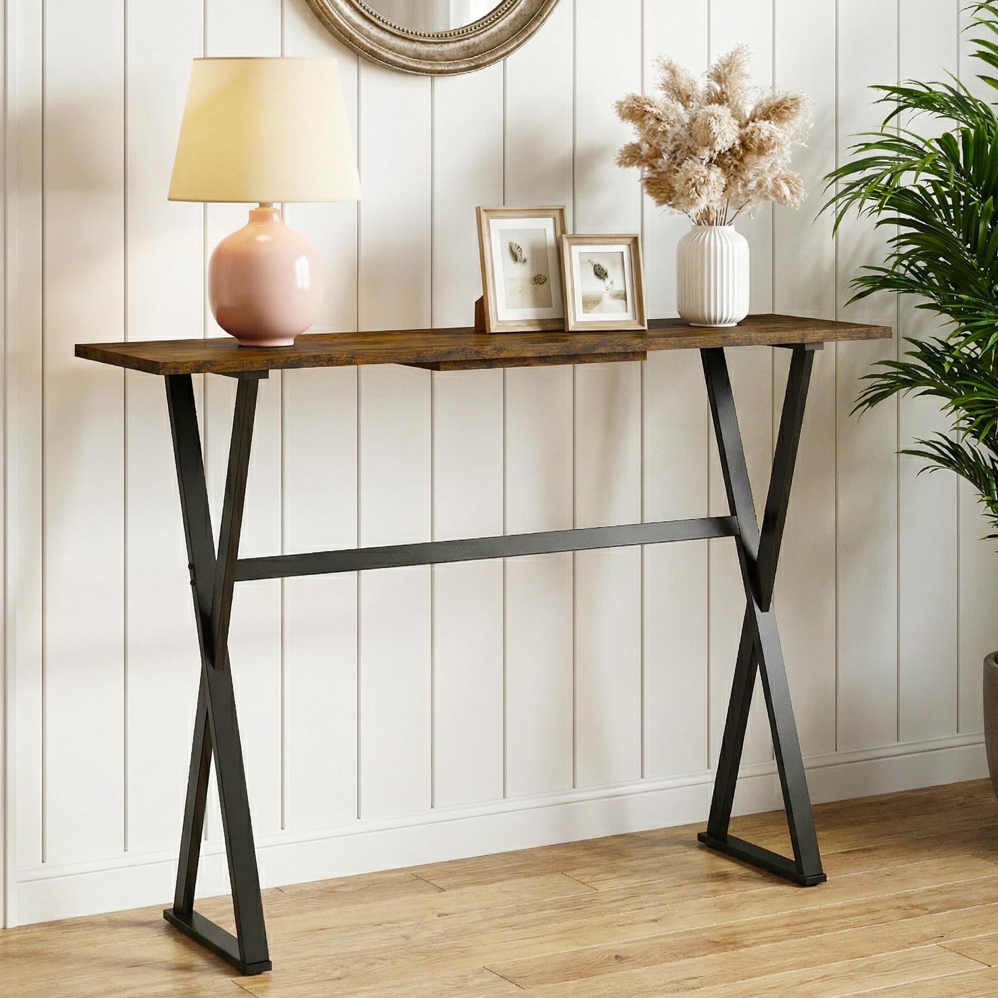 Manora Mesa de Consola, Consola Recibidor Estrecho Entrada Industrial, Estructura Metal, Mesa Auxiliar de Sofá para Entrada, Salón, Dormitorio, Oficina y Vestíbulo, 100 x 24 x 76cm, Marrón rústico