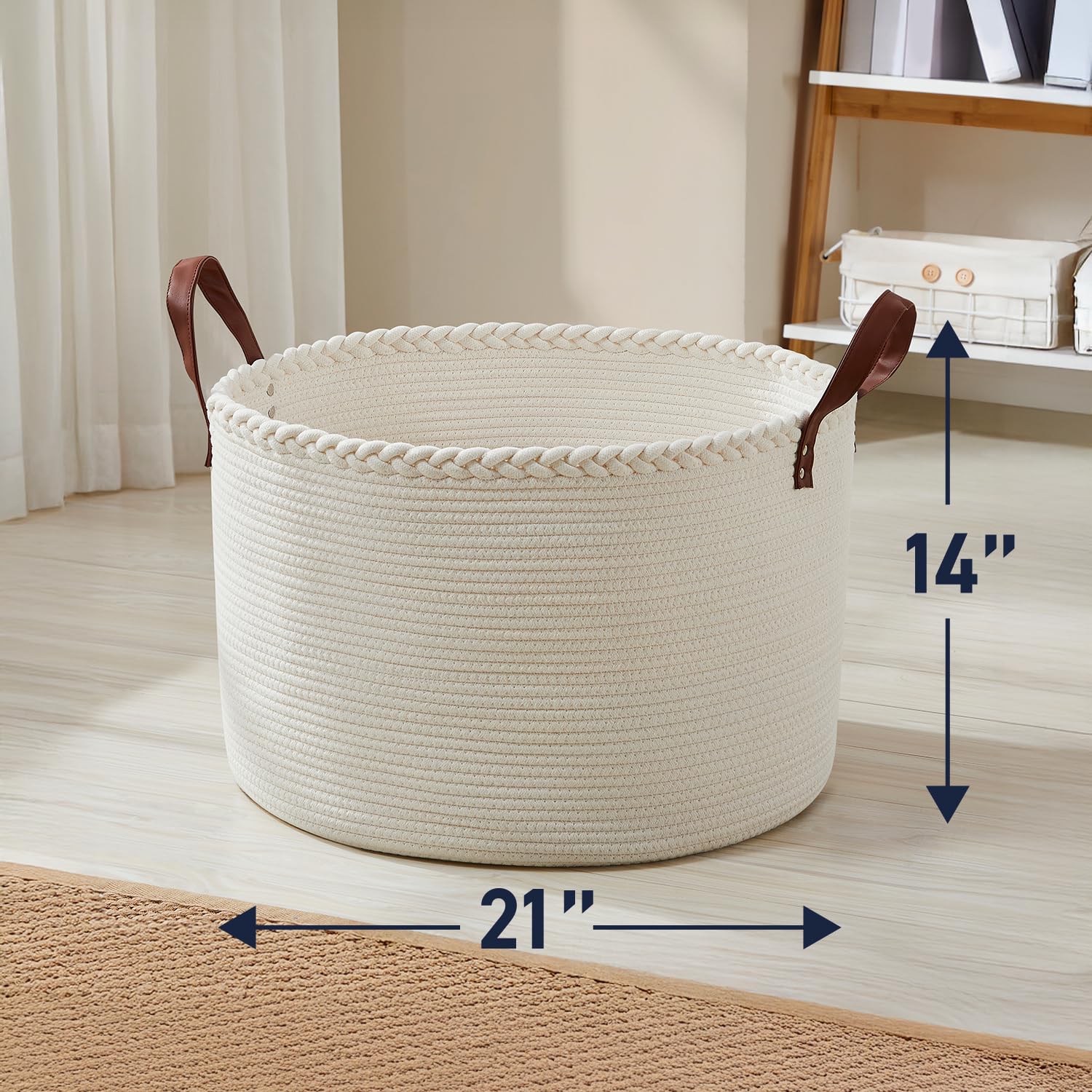 XL okrągły kosz do przechowywania z liny bawełnianej organizer na pranie ze skórzanymi uchwytami, 51 x 50 x 40 cm, bardzo duży koc, tkany kosz na zabawki do pokoju dziecięcego - kremowy