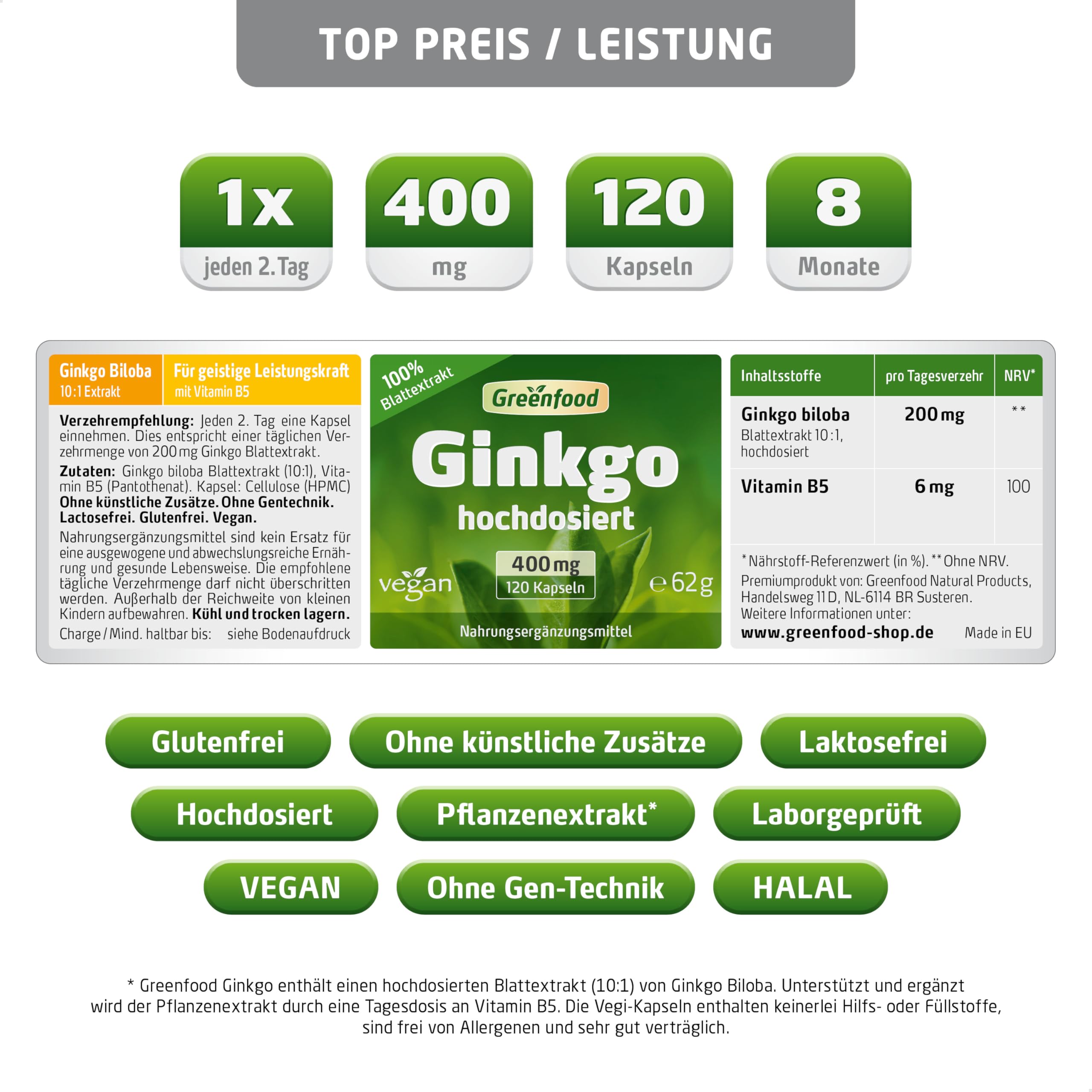 Ginkgo Biloba, hochdosiert, 400 mg - 120 Kapseln, vegan. Reiner Blatt-Extrakt mit Vitamin B5 - unterstützt die kognitive Funktion. OHNE künstliche Zusätze, laborgeprüft. Von Greenfood.