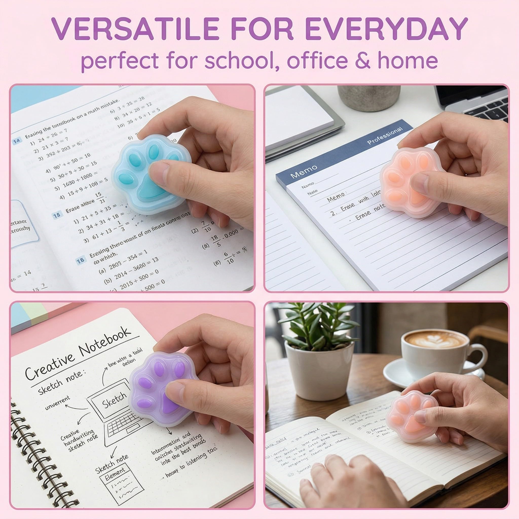3 Piezas Gomas de Borrar con Forma de Patitas de Gato - Borrador para Bolígrafo de Gel y Borrador de Silicona para Tinta Térmica - Diseño Adorable para Material de Oficina