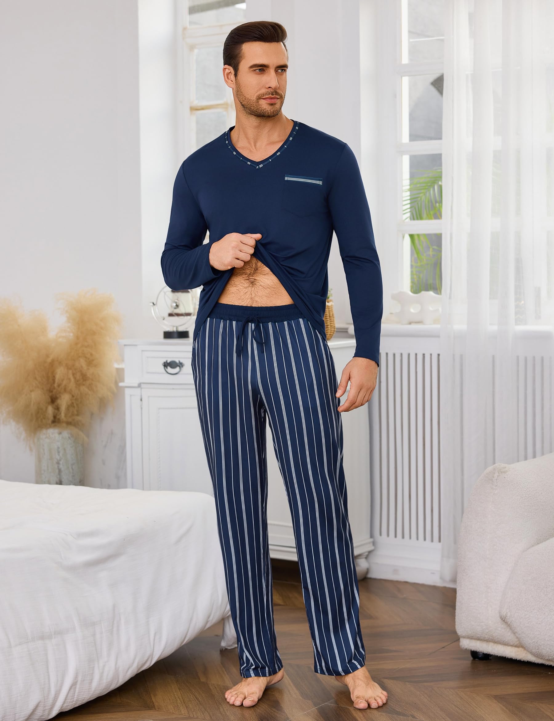 Demegimi Pijamas para Hombre Invierno de Manga Larga Algodón Conjunto de Cuello Redondo Ropa de Dormir 2 Pieza