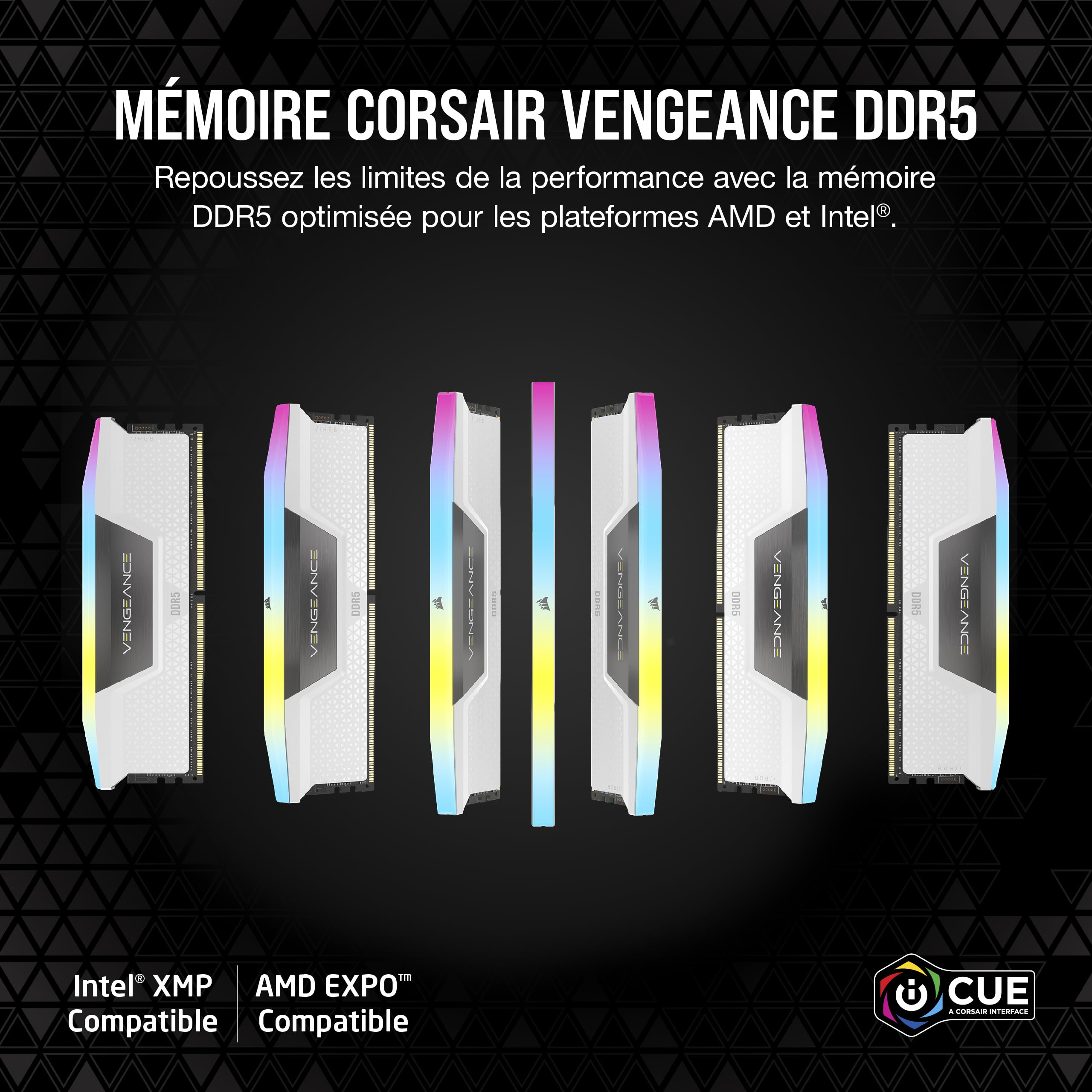 CORSAIR Vengeance RGB DDR5 32Go (2 x 16Go) Jusqu'à 6000MHz AMD Intel RAM | Mémoire pour Ordinateur de Bureau, Compatible AMD EXPO et Intel XMP 3.0, CL36, Blanc, CMH32GX5M2E6000Z36W