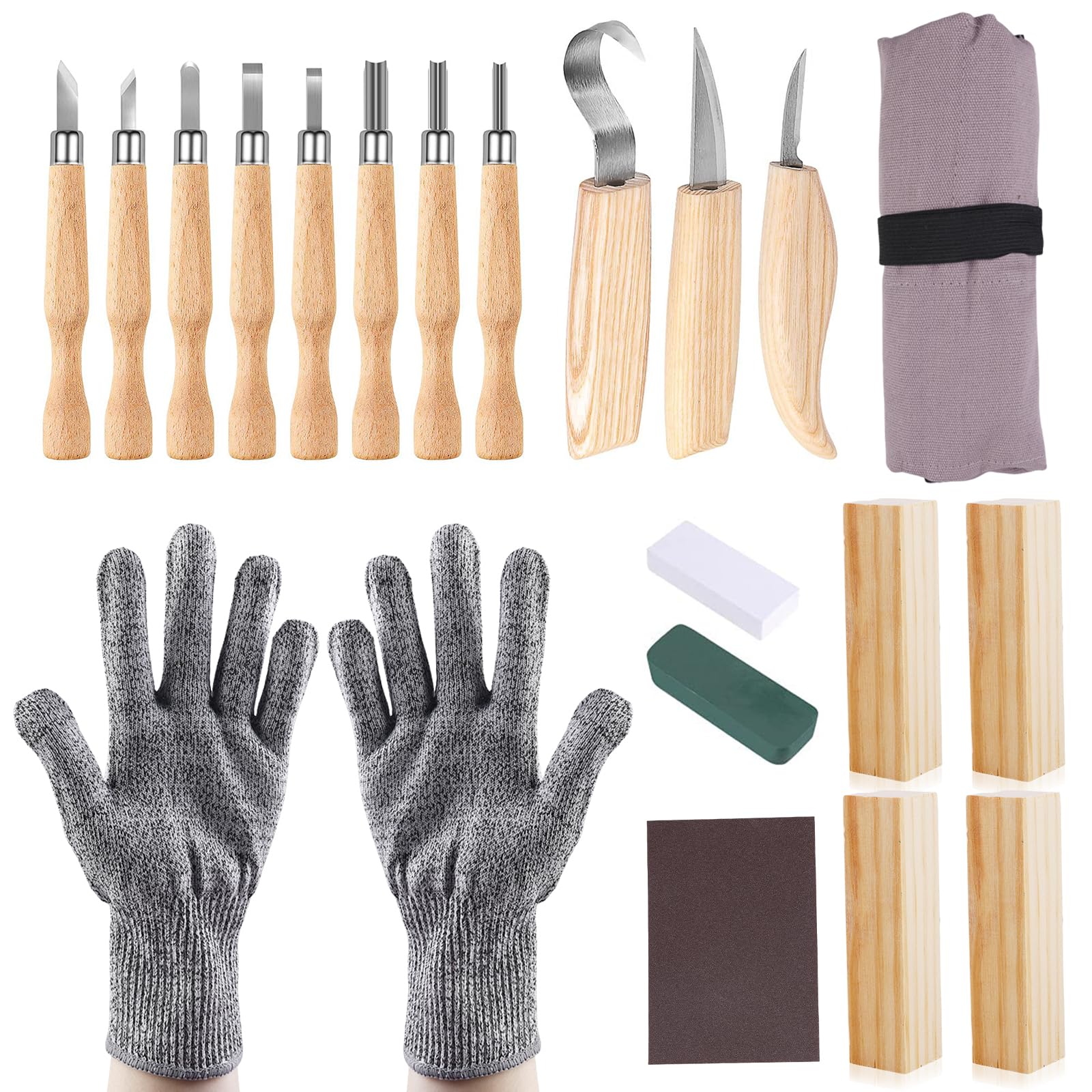 HOSPAOP Juego de 21 herramientas para tallar madera, juego de tallado de madera para adultos y niños, juego de tallado con piedra de afilar y guantes resistentes a los cortes