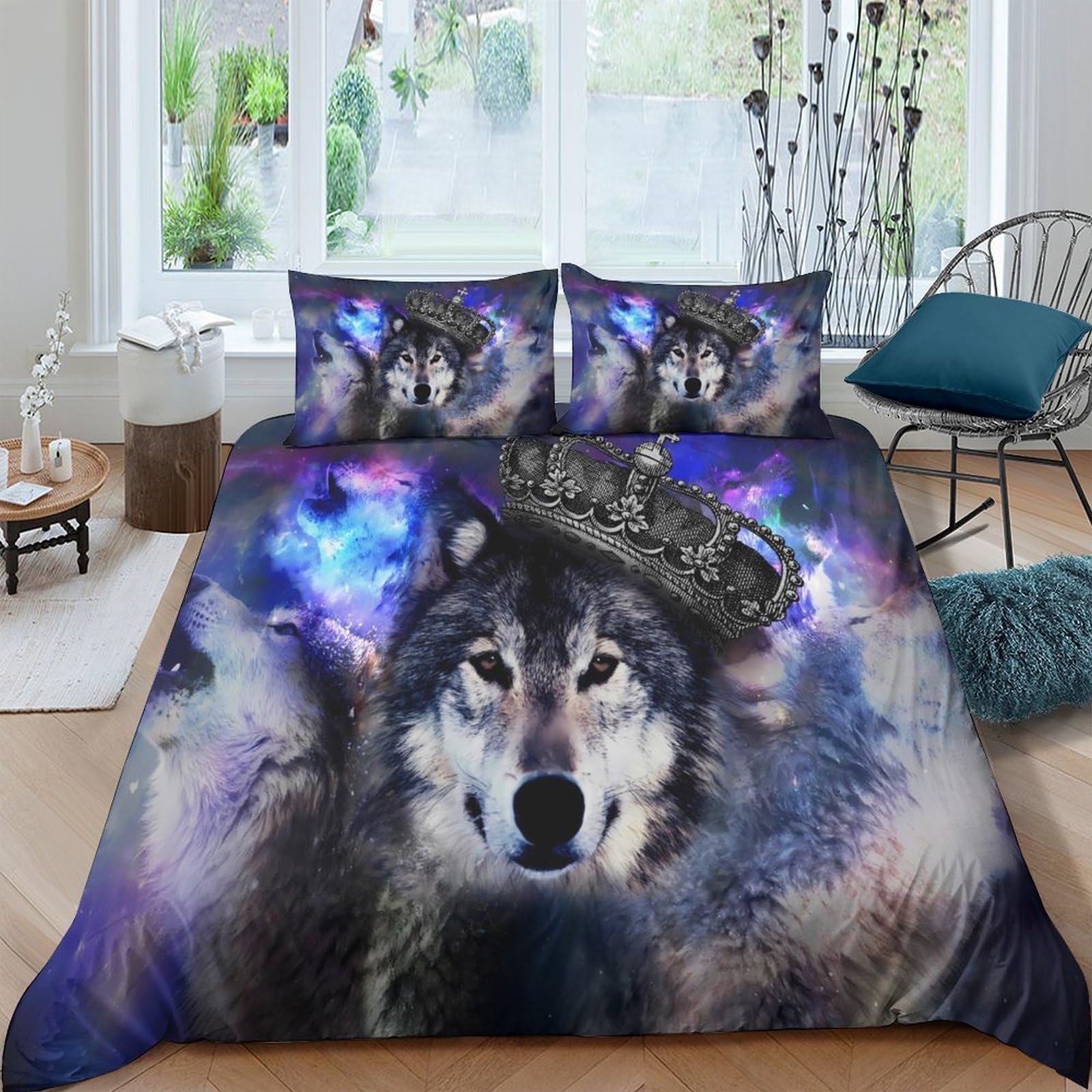 Ctjqhvkz Style-5 3D Printed Wolf Galaxy Fitted Sheet Microfiber Bedroom Decor Cosmic Forest Mattress Cover Machine Washable Single（135X200cm）