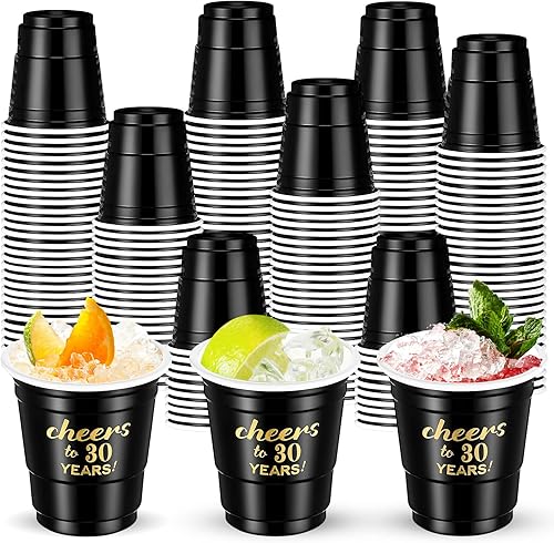 100 vasos de chupito de 2 onzas desechables de plástico negro para cumpleaños de 30 años, vasos dorados para estadio de 30 años, regalos de fiesta