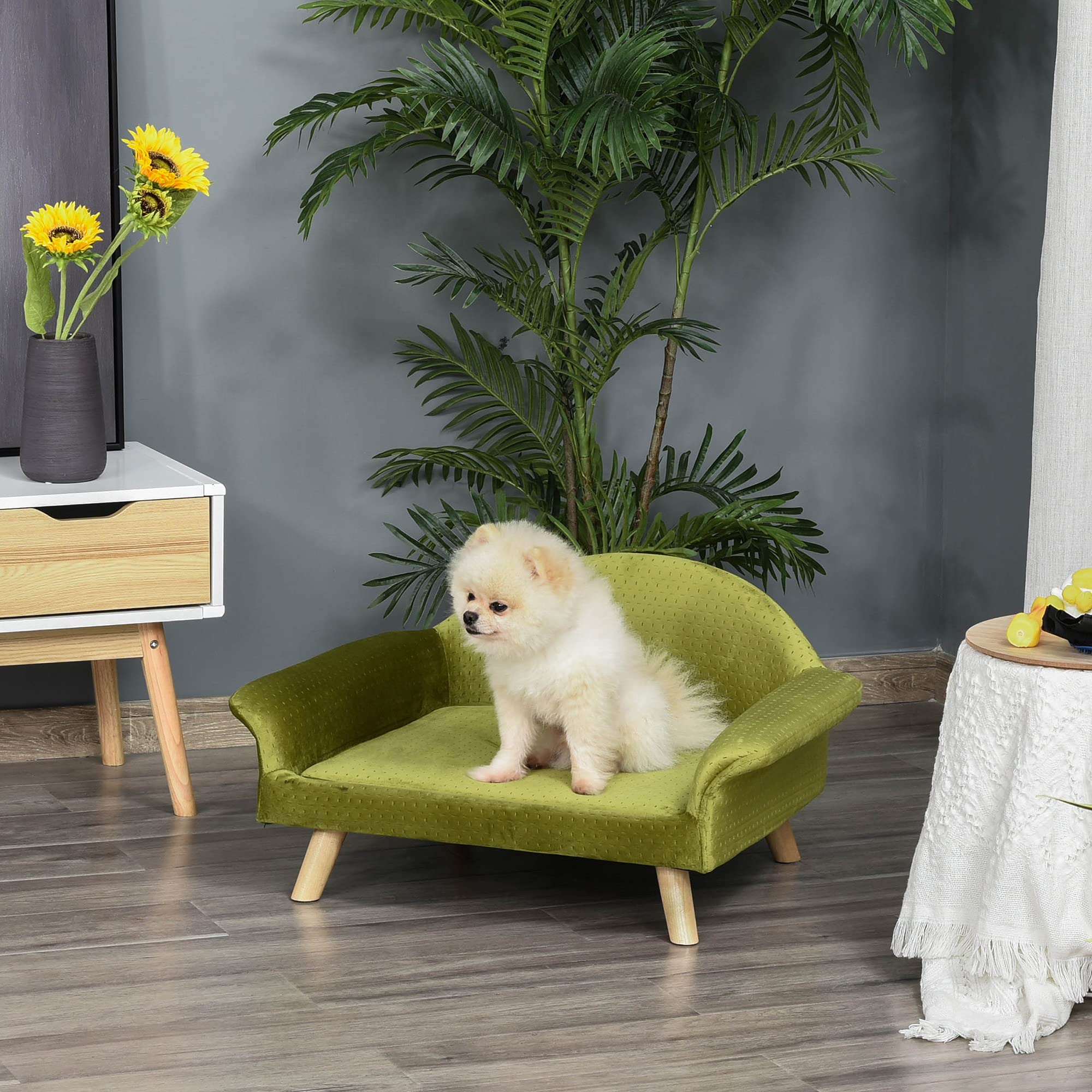 PawHut Sofá Cama para Mascotas Sofá para Perros Gatos con Cojín Acolchado Extraíble Patas de Madera 73 x 58 x 37 cm Terciopelo Latón