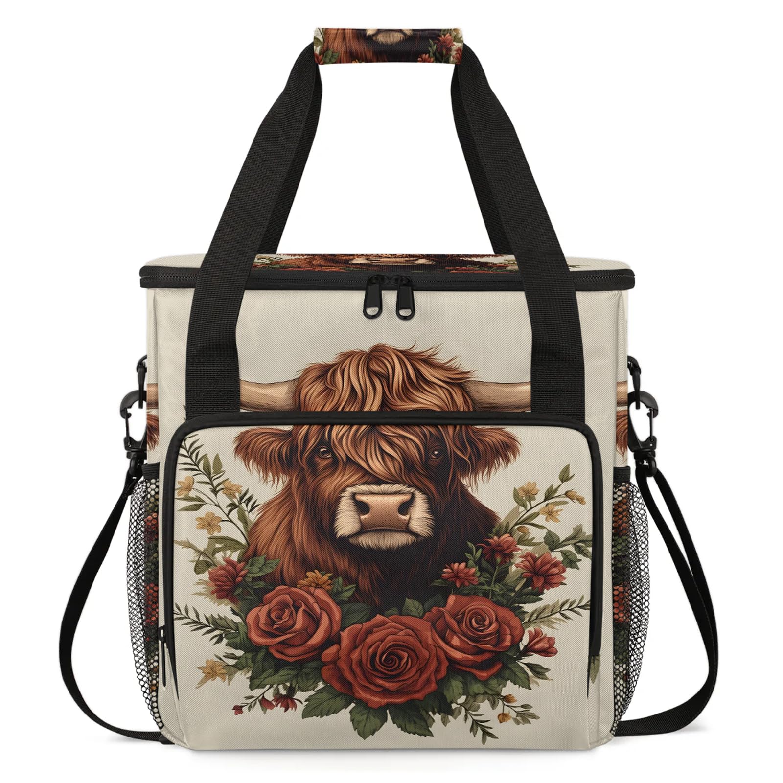 Adornori Cow Coffee Maker Travel Bag, Flower Cow Insulated Grocery Bag Travel Picnic Leakproof Cooler Bags With Shoulder Strap