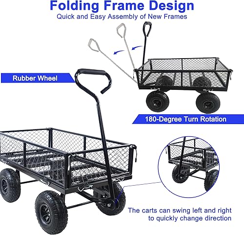 Miniatura 8 de Carro con lados extraíbles para granjas, almacenes - Carro volquete de jardín con ruedas neumáticas (negro) - esencial para el jardín de tus sueños