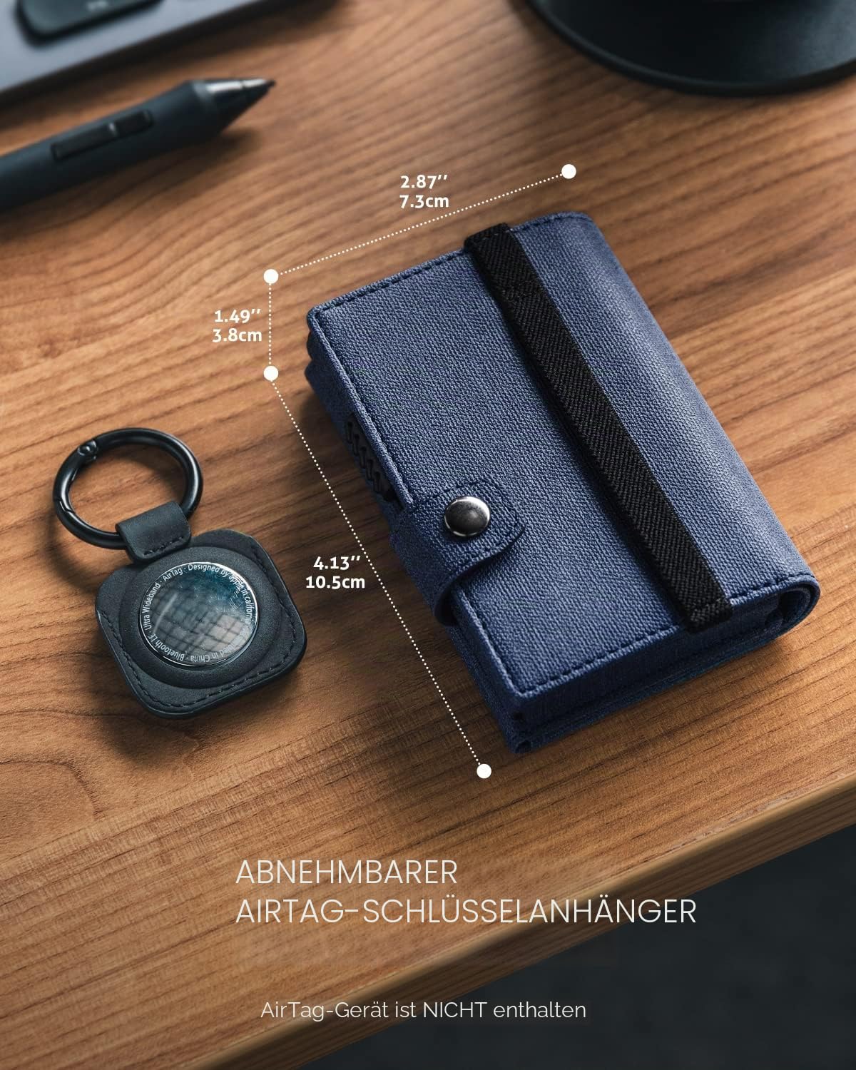 VULKIT Airtag Geldbörse Herren mit Ausweisfenster Kartenetui Herren mit Geldscheinfach Kreditkartenetui RFID Schutz mit Airtag Schlüsselanhänger, Navy Blau