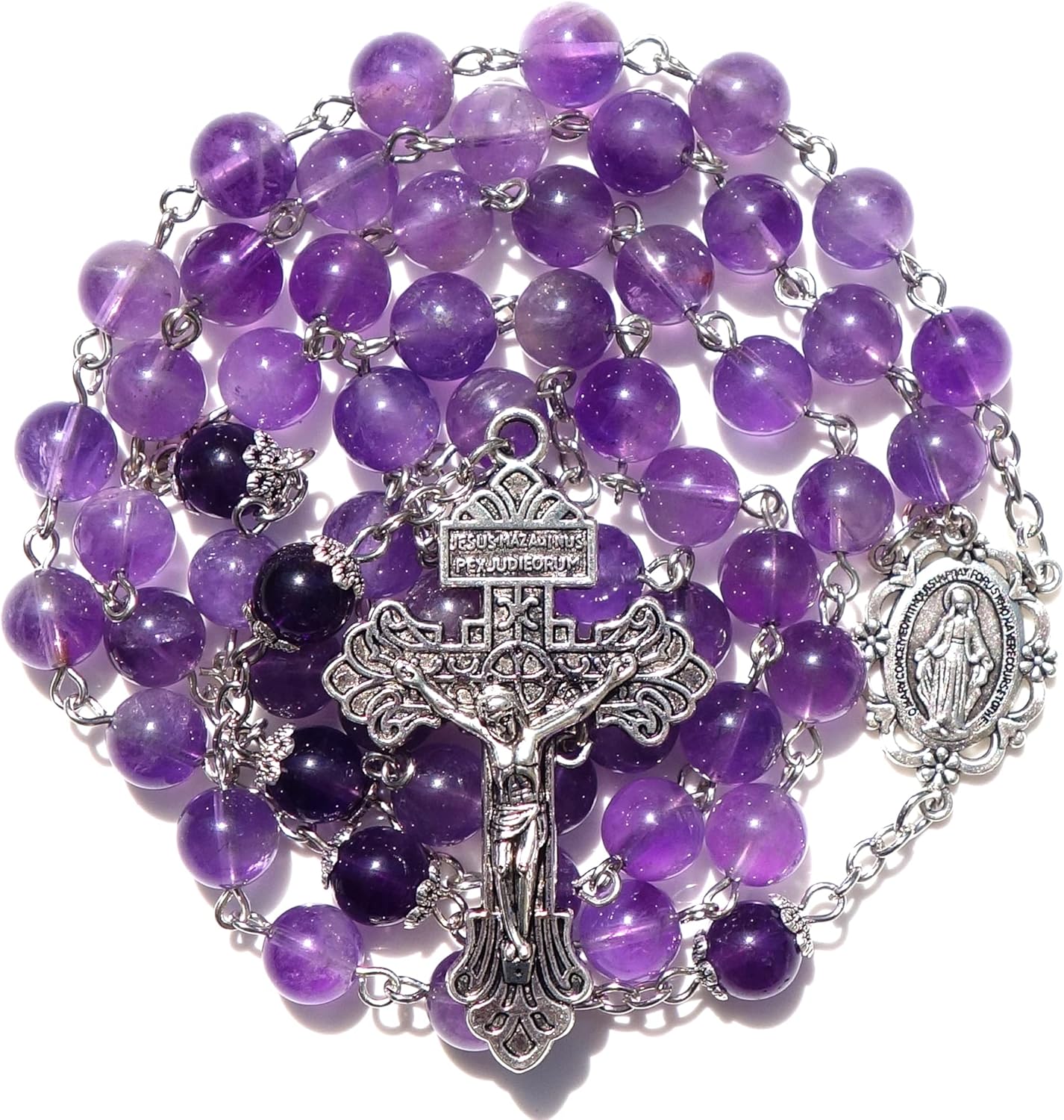 Rosary Beads Chaplet Purple Natural Amethyst Crystal Rosery Cross Catholic gifts