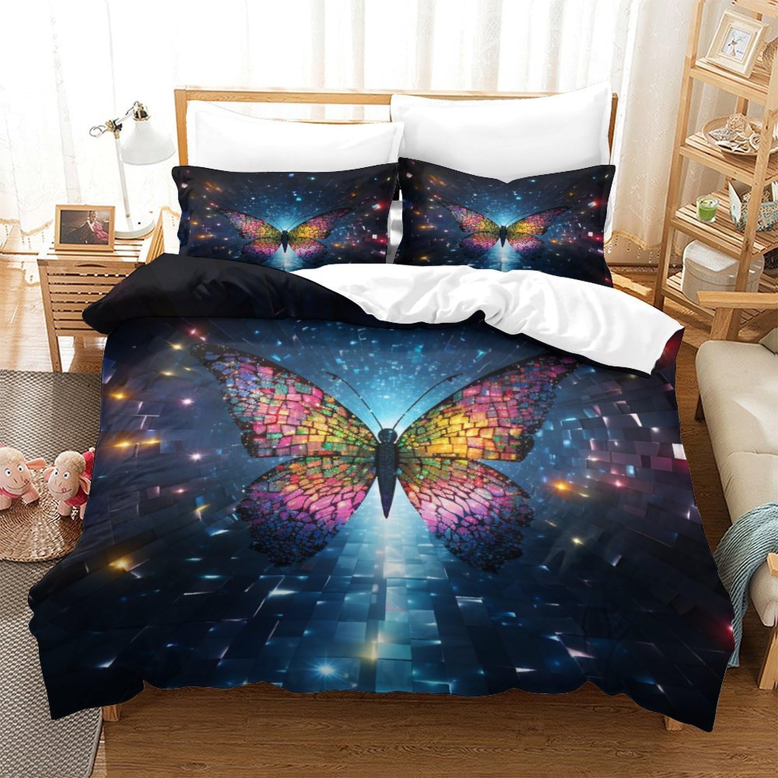 P1S9U7W5Y Colorful Dream Butterfly 3D Printed Microfiber 3 Piece Duvet Cover Set for Adults Bedroom Decor Butterfly Bedding Set Soft and Breathable Super king（260x220cm）