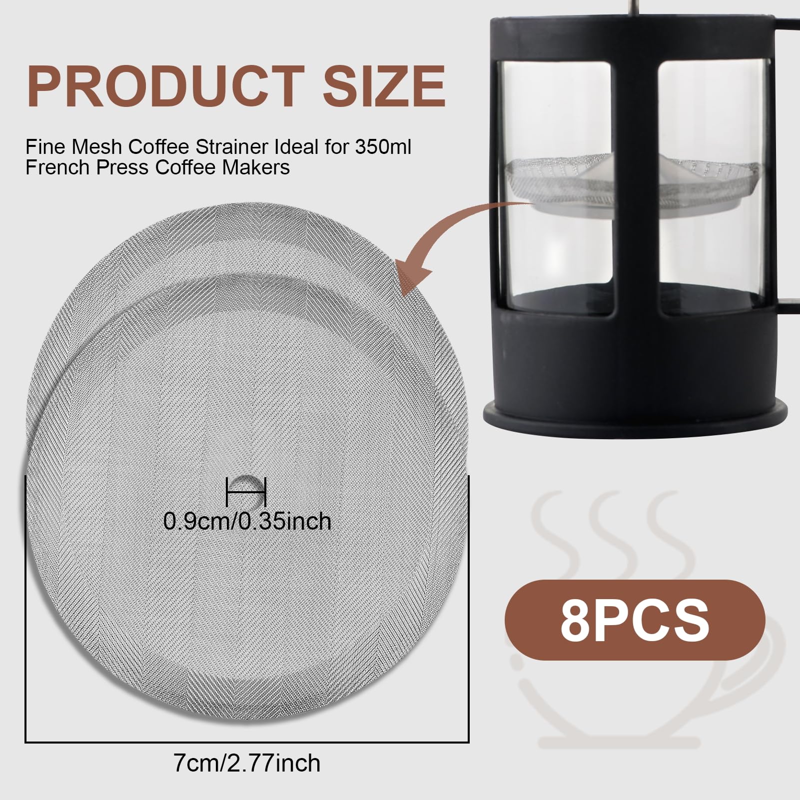 8 Pack 2.75in Replacement Stainless Steel Reusable Cafetiere Coffee Press Filter Mesh Screen for Cafetiere 1 Cup/12 Oz/ 350 Ml - Image 2