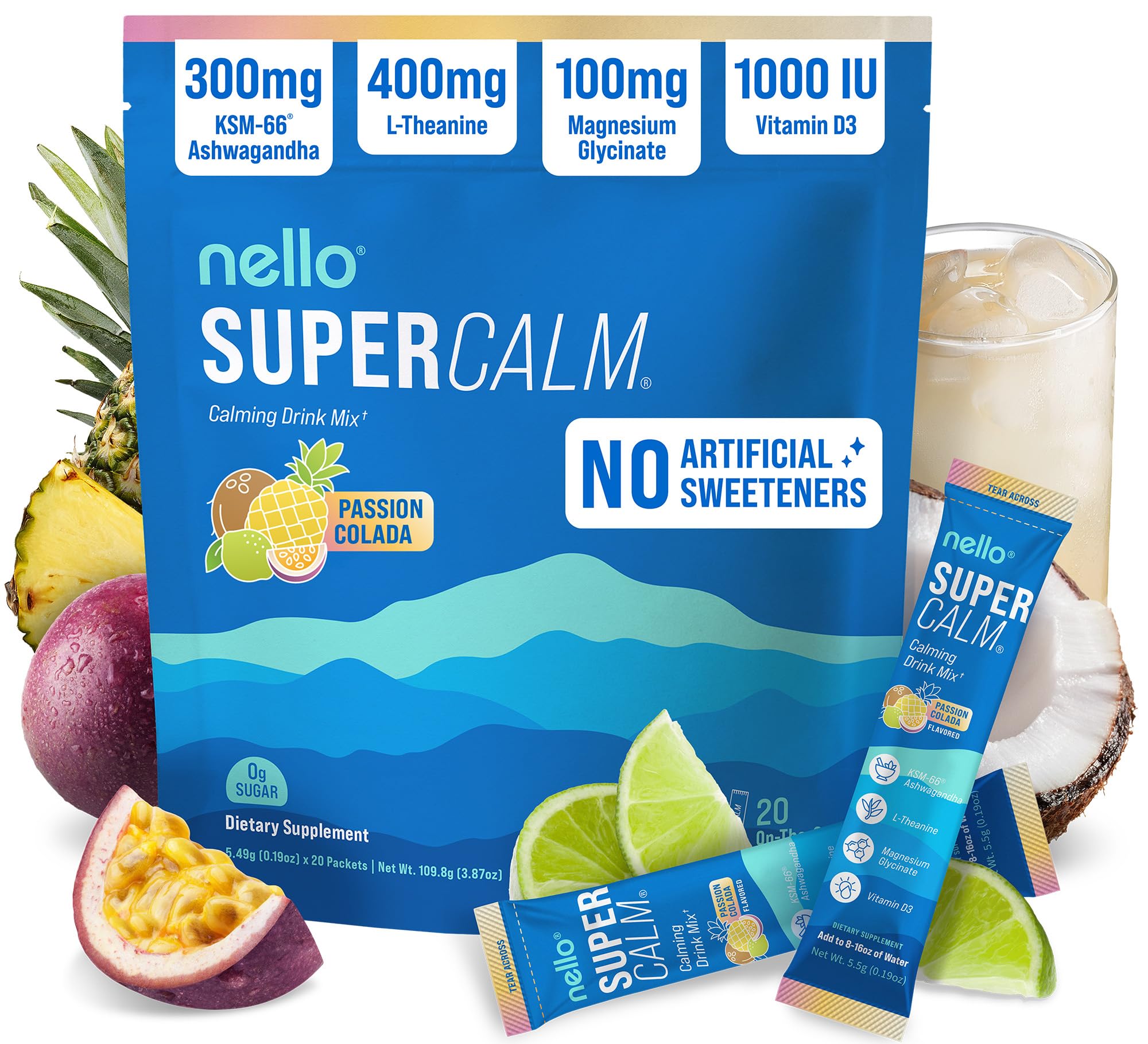 Nello Supercalm Powdered Drink Mix, Cortisol Reducer* and Sleep Aid Supplement, L Theanine, Ksm-66 Ashwagandha, Magnesium Glycinate, Vitamin D 3, No Sugar, Non GMO, On The Go, 20 Ct, Passion Colada