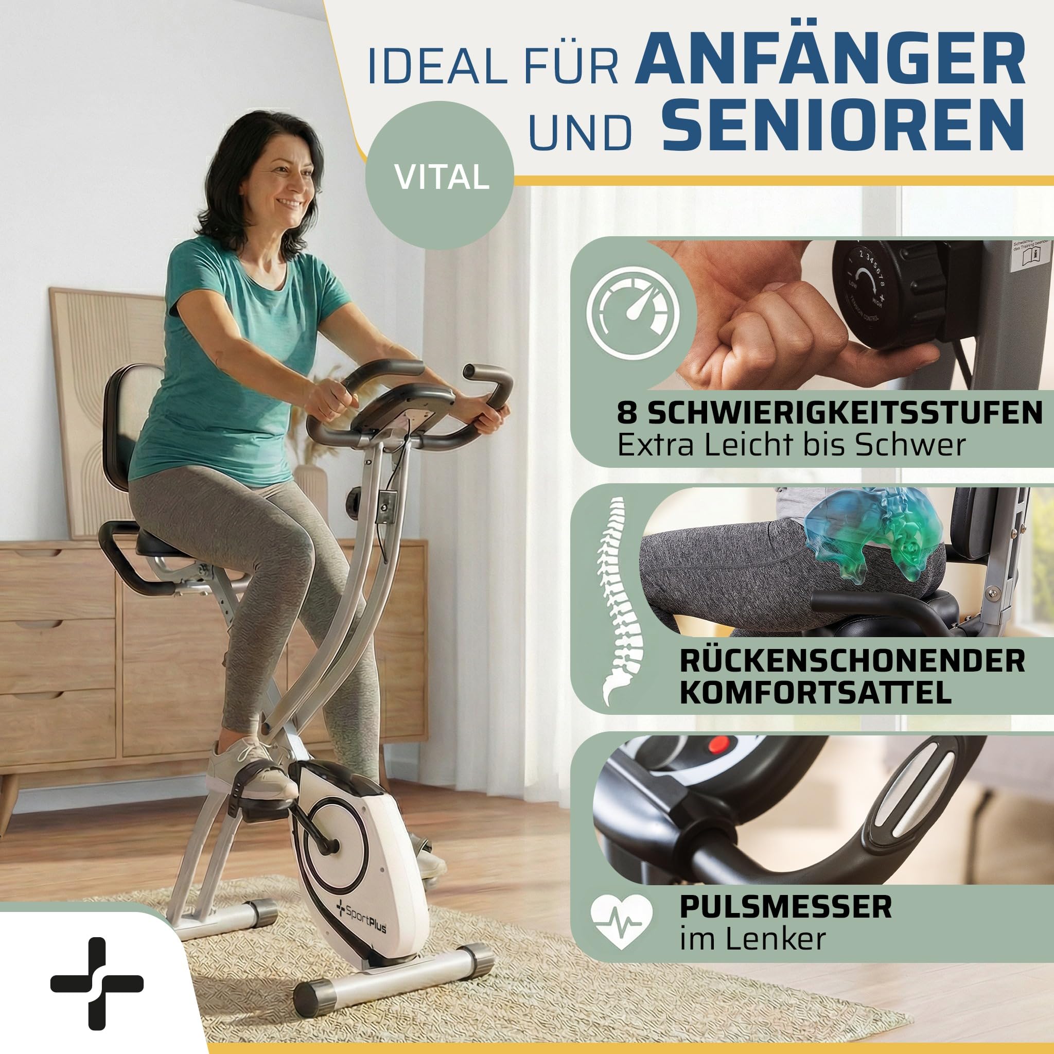 SportPlus Heimtrainer Fahrrad klappbar - Hometrainer Fahrrad klappbar - extra leiser Hometrainer für zuhause - Faltbares Fitnessbike - Ergometer Heimtrainer mit Rückenlehne