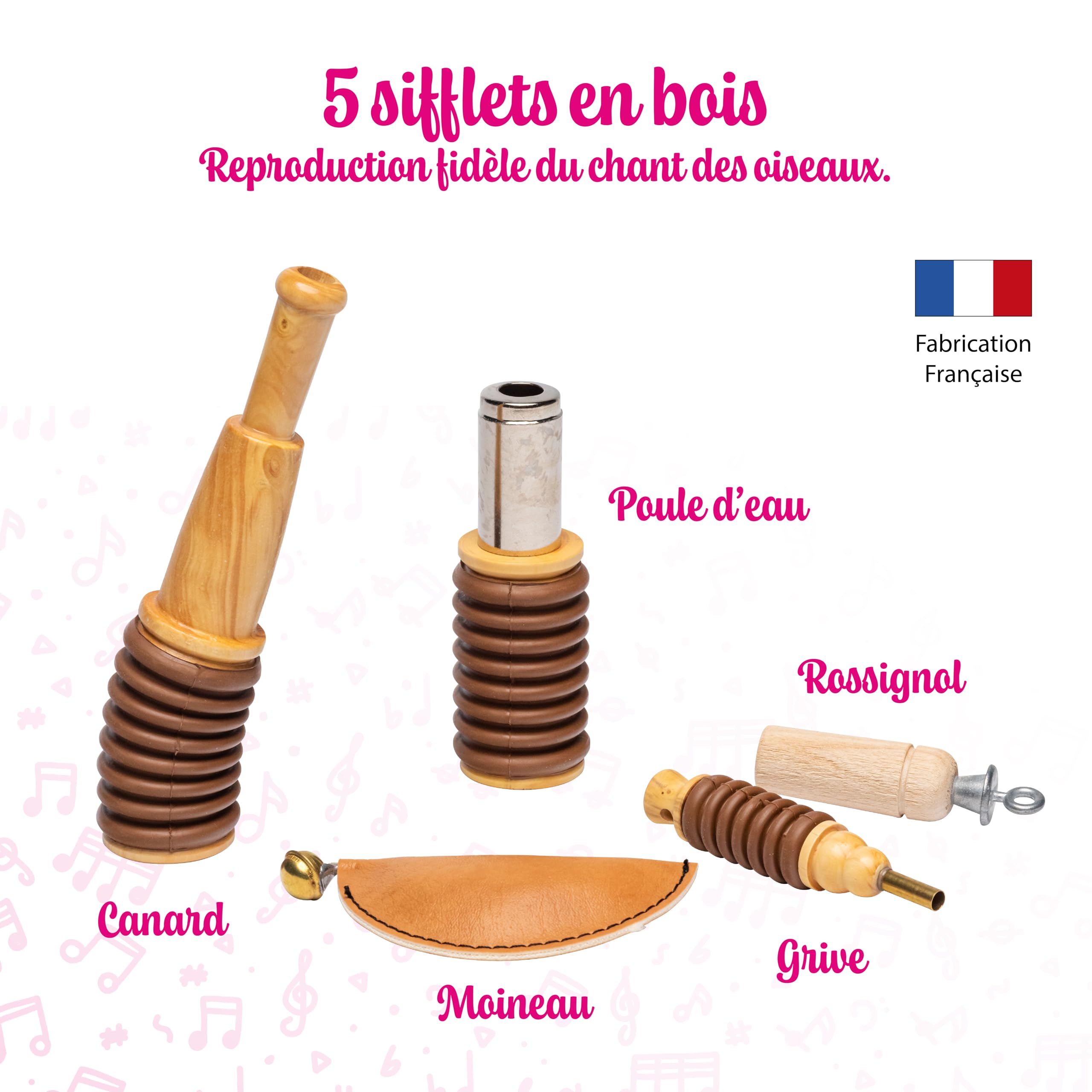 Fuzeau Coffret 5 Appeaux Manuels Bois Naturel Buis Hêtre Vernis Alimentaire Sons d’Oiseaux Poule d’Eau Grive Moineau Rossignol Canard