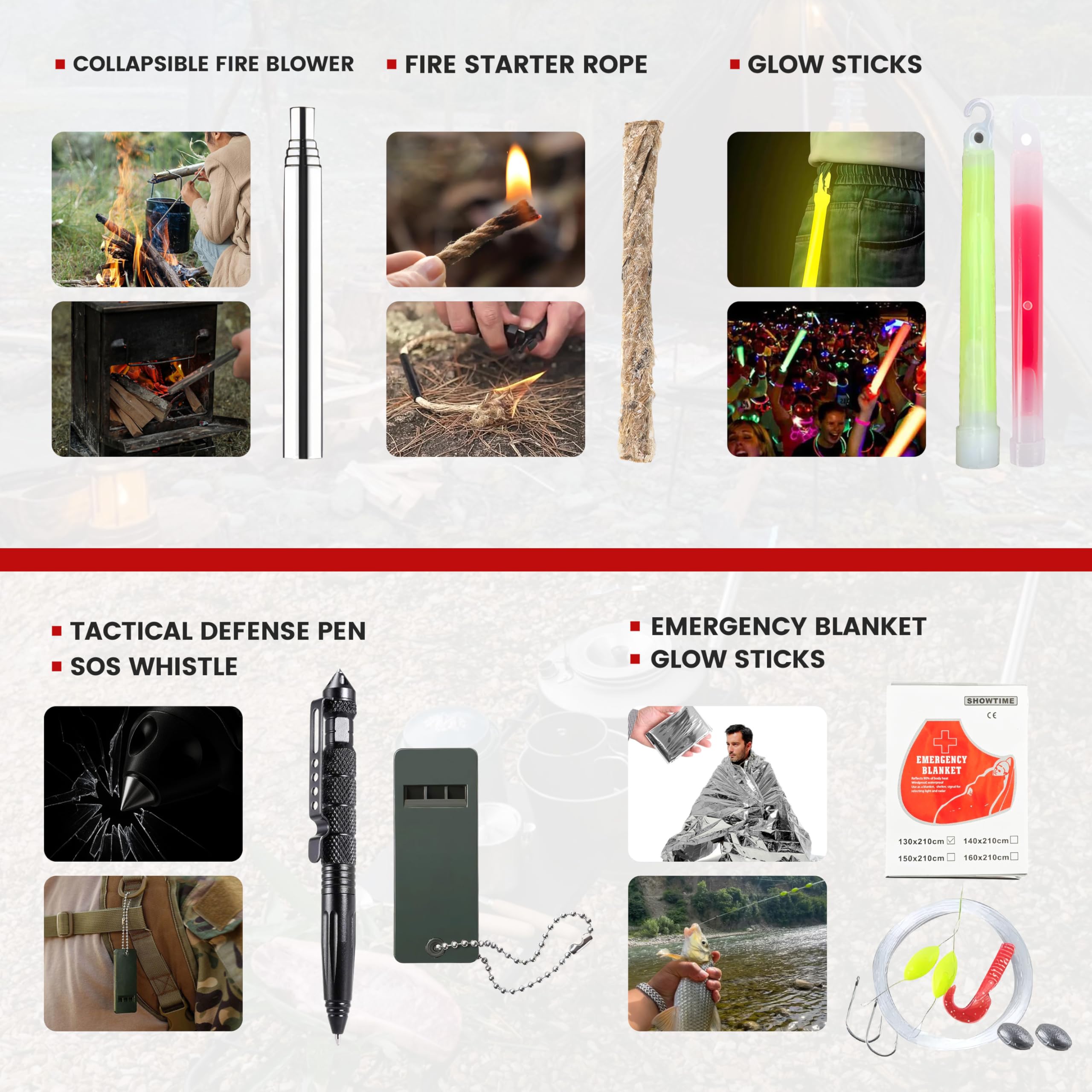 EIN Survival kit mit Emergency kit，206-teiliges überlebensausrüstung notfallrucksack，Kompass Militärschaufel Camping Light Regenmantel Zelt，Outdoor-Camping-Abenteuer-Wandergeschenke für Herren
