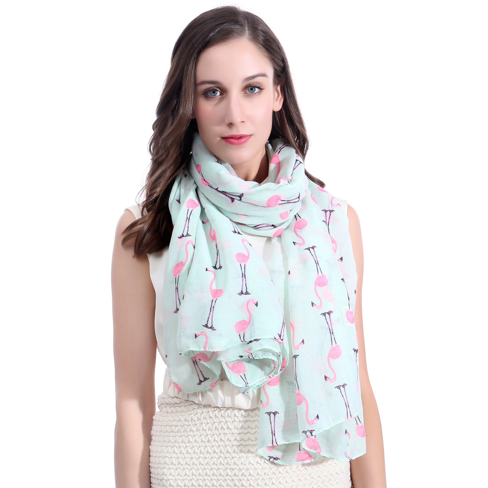 Lina & Lily Women's Design A - Turquoise Flamingo Print Lightweight Scarf Shawl (Design A - Turquoise)