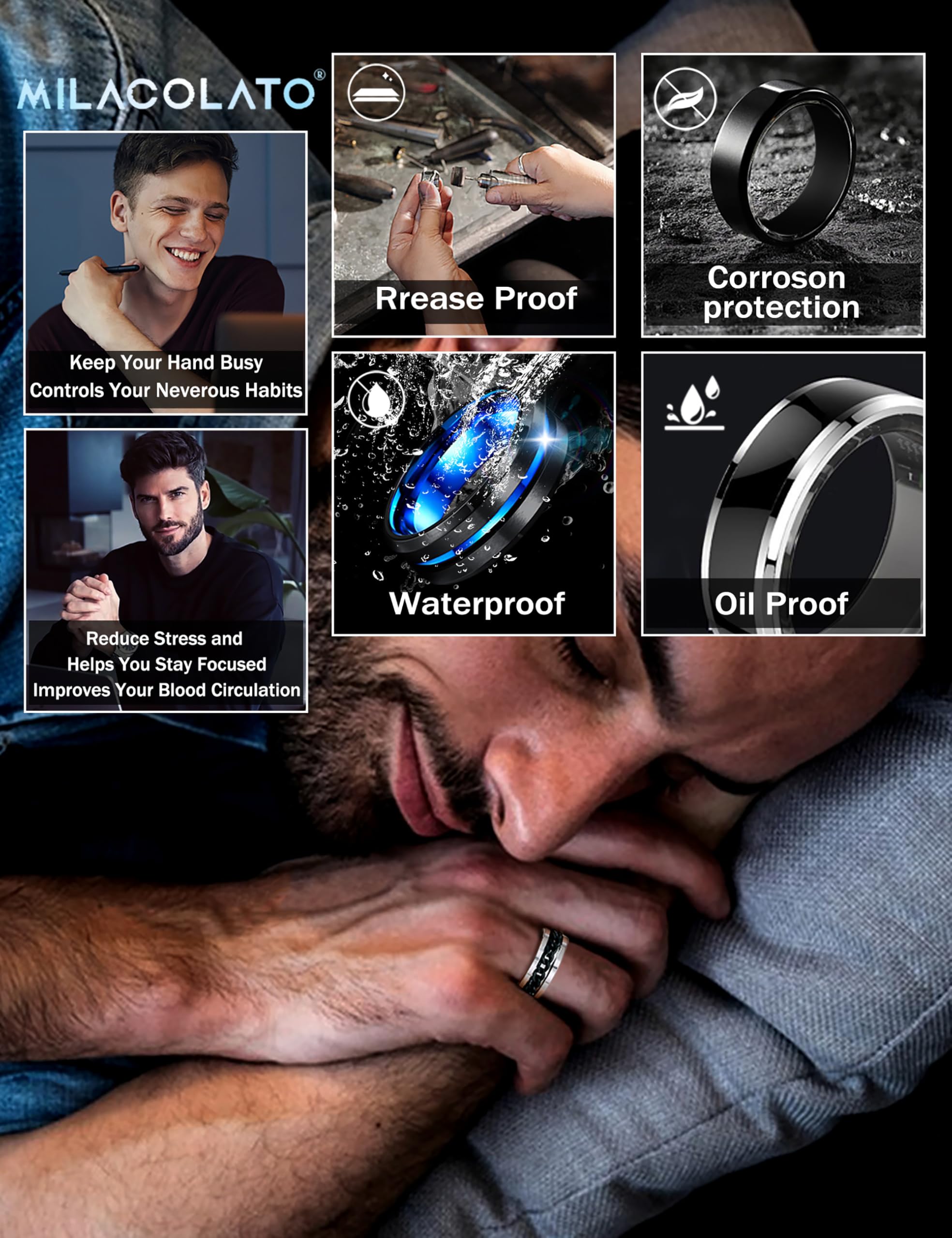 MILACOLATO 16 PCS Bague Homme Acier Inoxydable Noir Tournante Chaîne Rock Bague Vintage Gothique Anneaux en Fiber de Carbone Bagues Dragon Celtique Bleu Mariage Promise Bande Anneau Taille 52-70