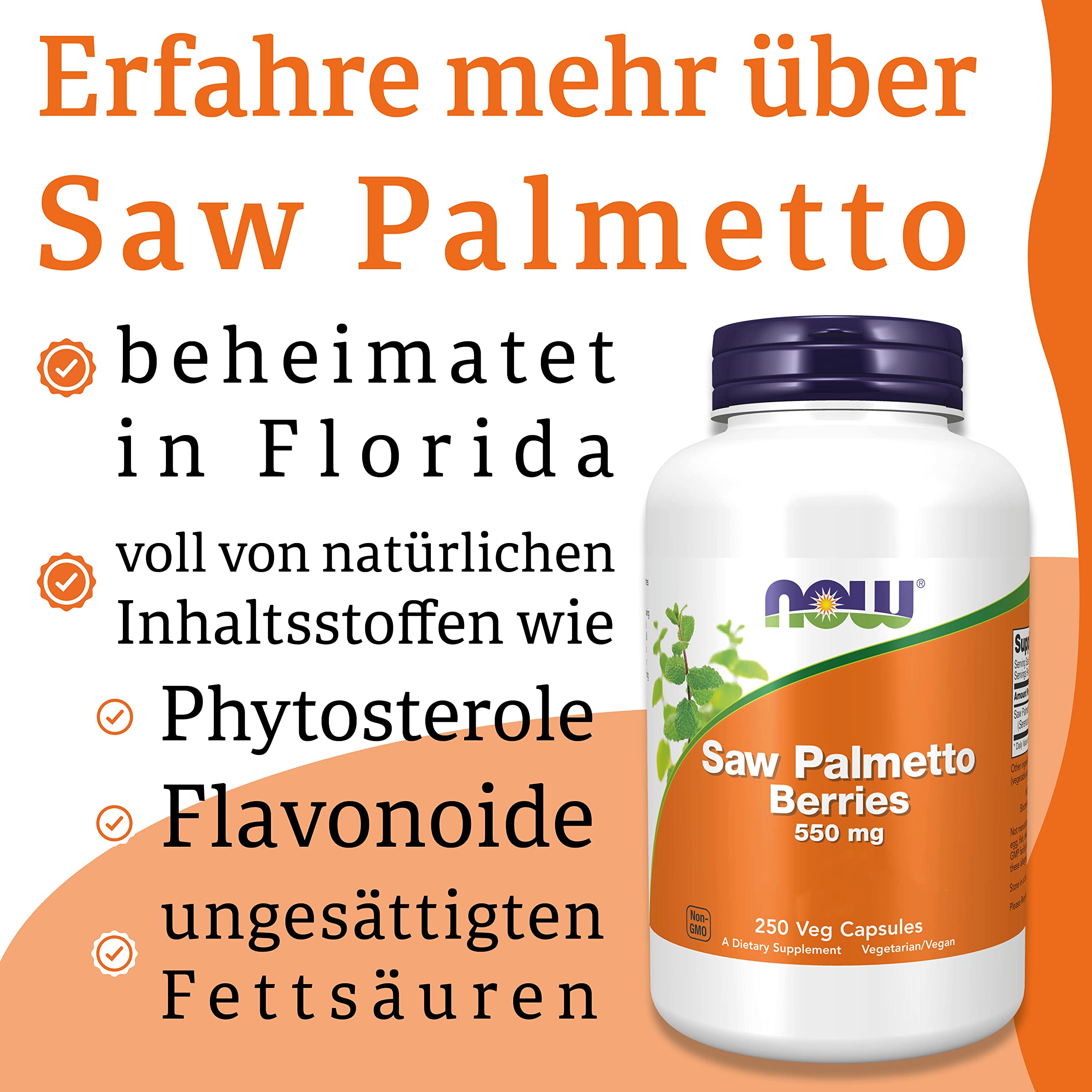 Now Foods, Saw Palmetto Berries (Sägepalme), 550 mg, 250 vegane Kapseln, Laborgeprüft, Pflanzlich, Glutenfrei, Sojafrei, Vegetarisch