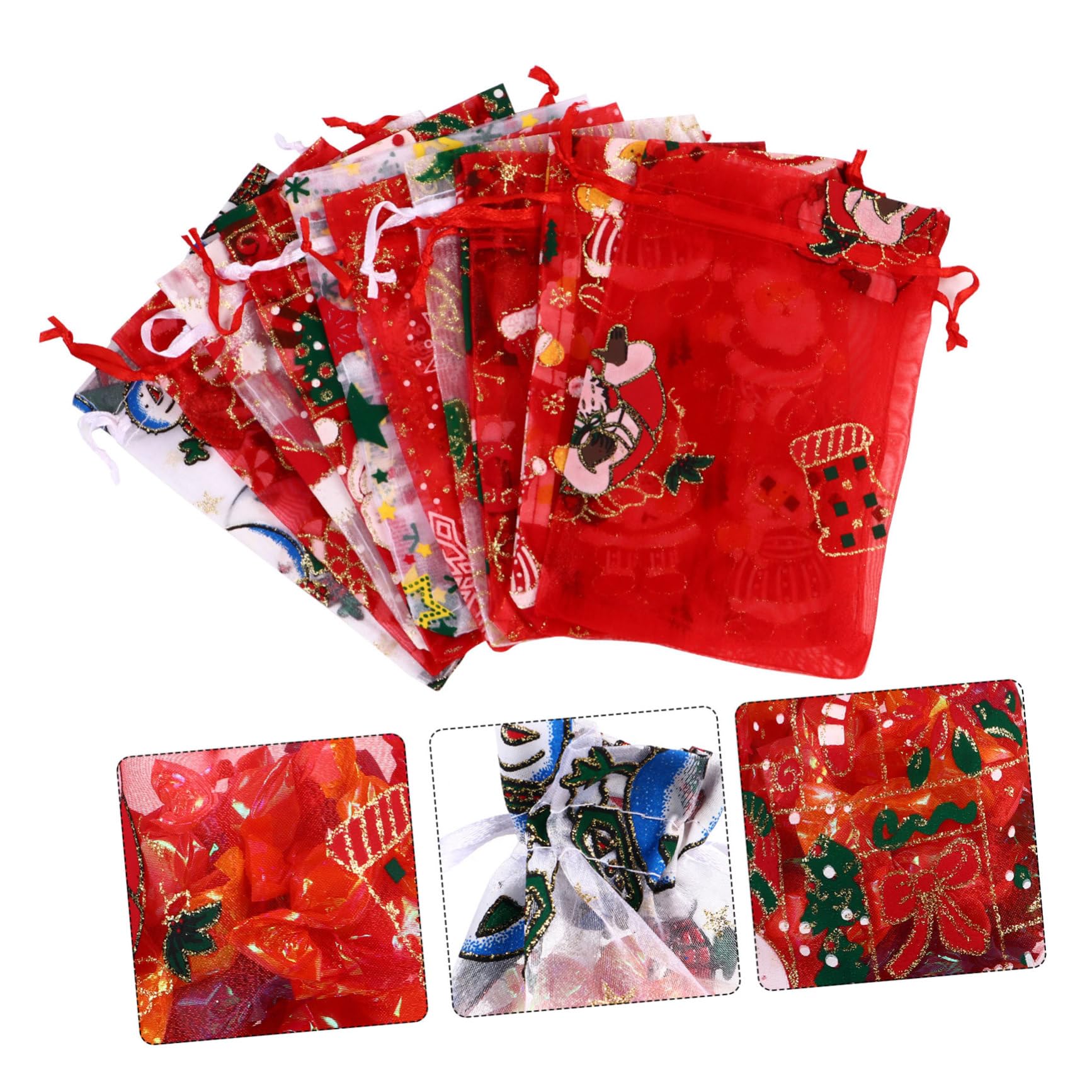 FOYTOKI 50piezas Bolsas De Organza Para Regalos Navideños Con Forma De Copo De Estrella Papá Noel y Alce De Obsequio Para Dulces y Fiestas