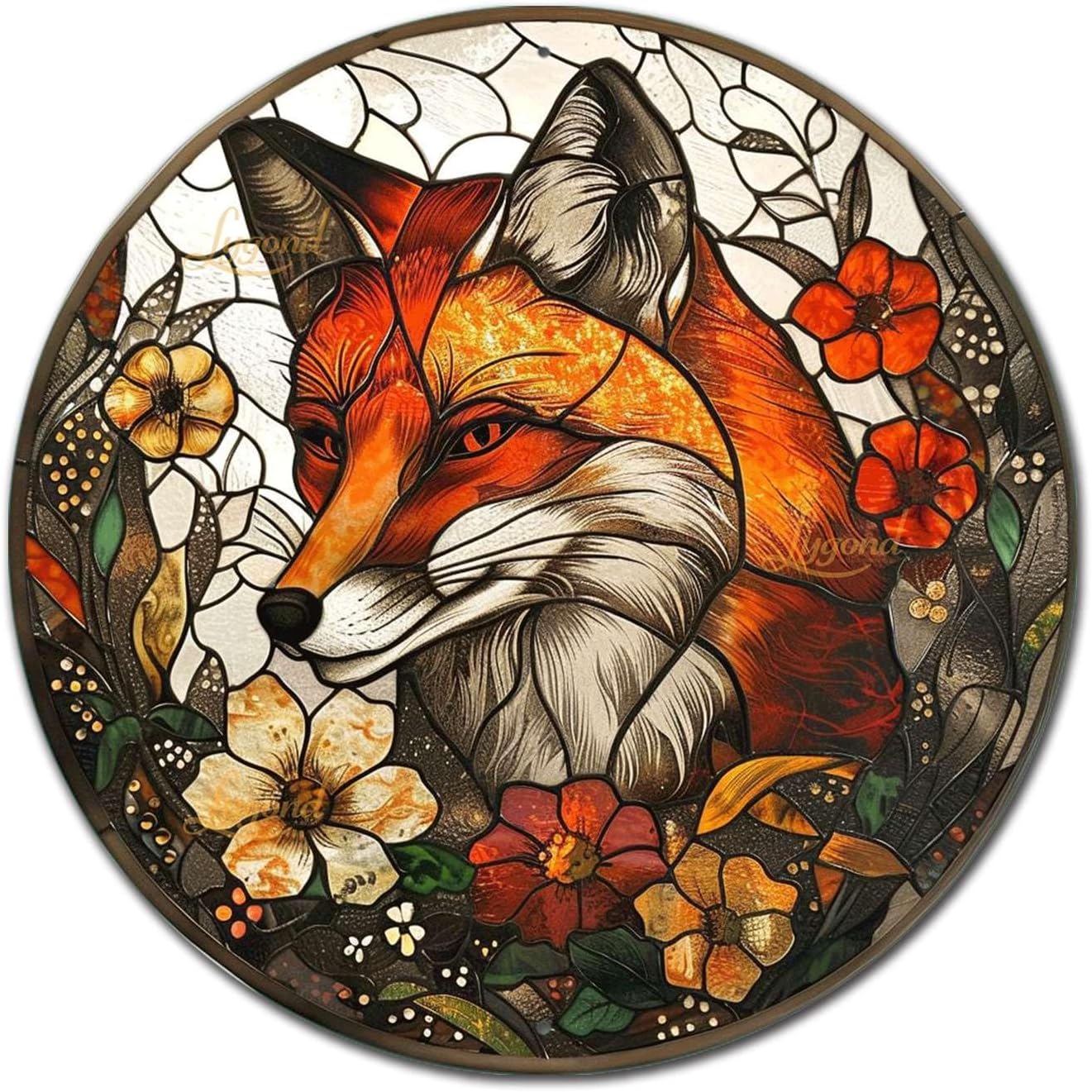 Amazon.com: Lygond Metal Sign Tin Sign Circular Stained Glass Fox ...
