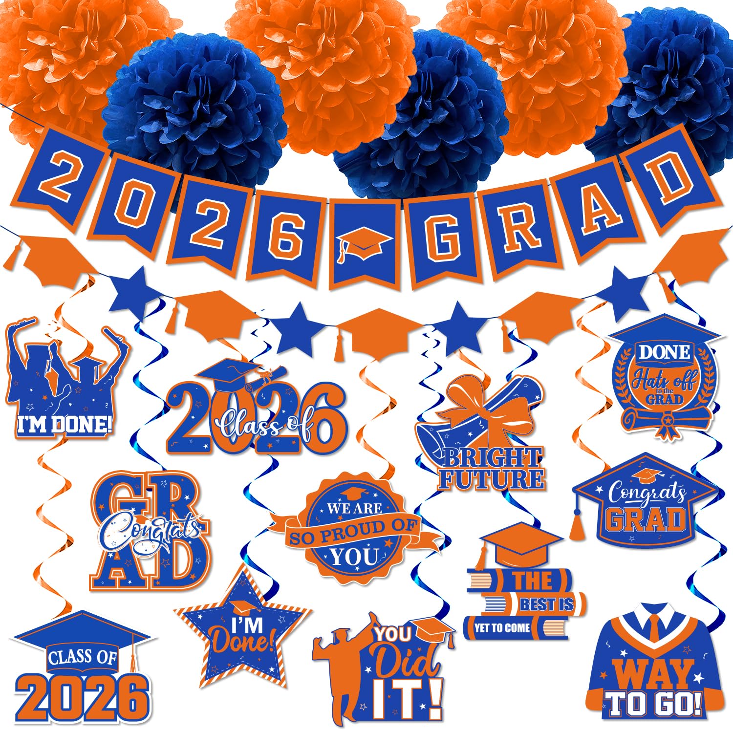 Photo 1 of Orange and Blue Graduation Decorations, Grad Banner and Congrats Grad Hanging Swirls, Orange and Blue Graduation Banner Graduations Hanging Swirls College Graduations Party Decorations Class of 2026