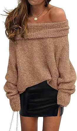PRETTYGARDEN Women's Off The Shoulder Sweater Long Sleeve Tops 2025 Fall Loose Knit Pullover Sweaters Winter Clothes