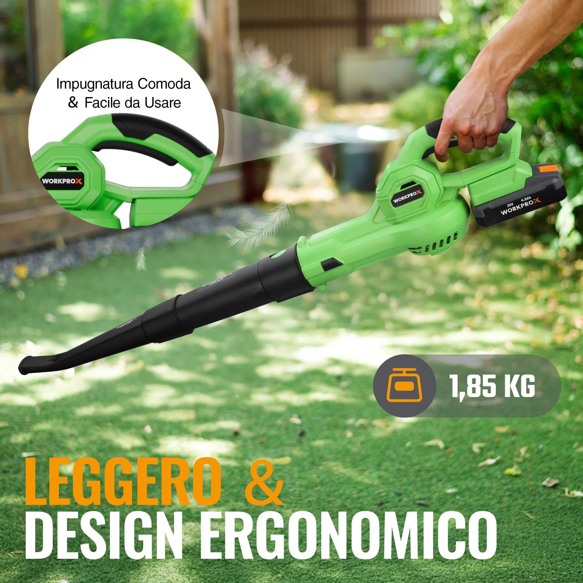 WORKPRO X akumulatorowa dmuchawa do liści 20 V 4,0 Ah, akumulatorowa dmuchawa z silnym strumieniem powietrza 222 km/h, pojemność 290 m³/h, idealna do ogrodów, wjazdów, tarasów