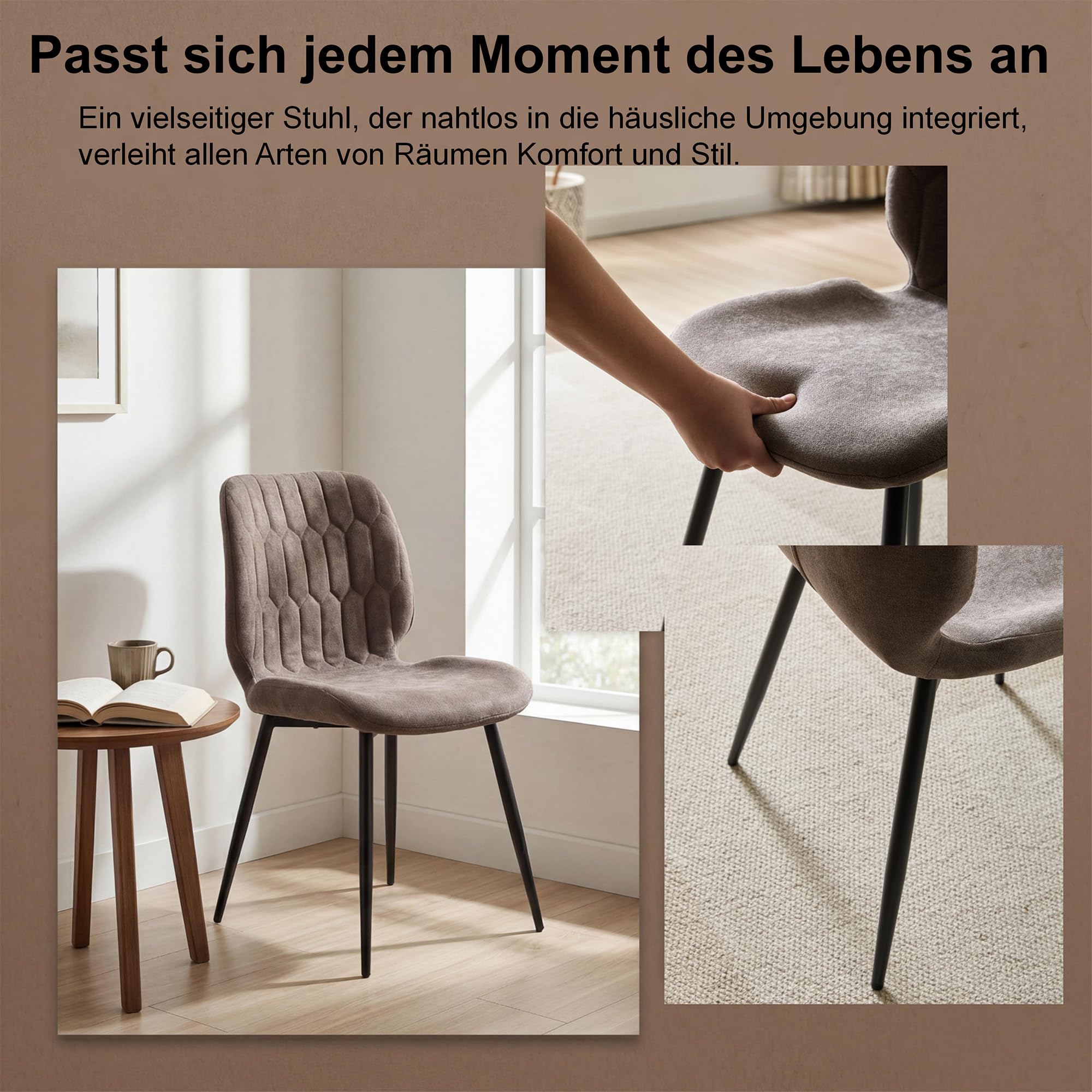 Esszimmerstühle 6er Set für Küche und Schlafzimmer Gepolsterte Wohnzimmerstühle mit Wabenmuster aus Chenille-Stoff, Ergonomische Stühle mit Metallbeinen Braunfarben