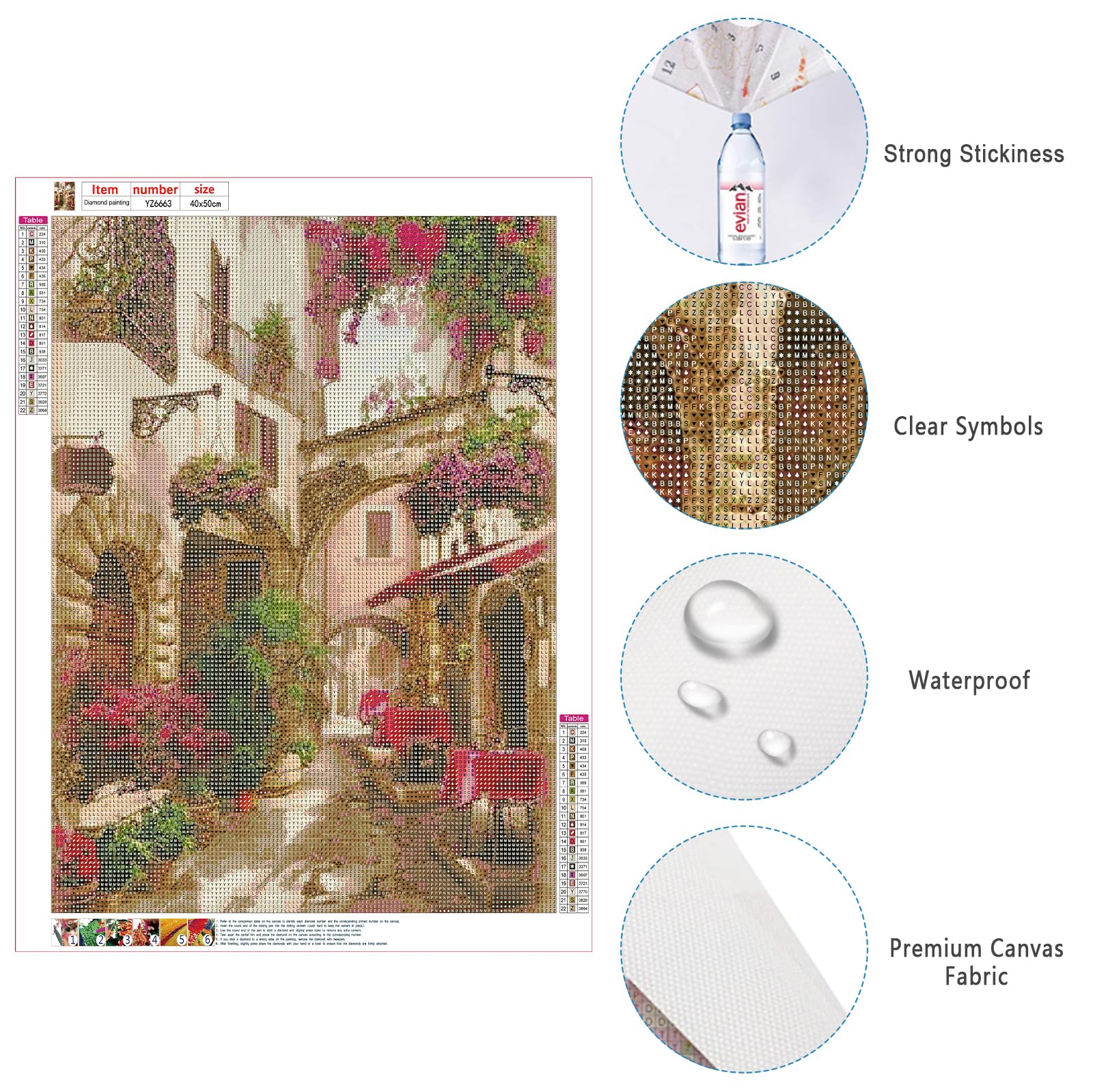 SHEGZHUC Set di 4 quadri diamantati 40 x 50 cm 5D - pittura con diamanti con fiori rossi, sedie da tavolo e paesaggi al mare - galleria