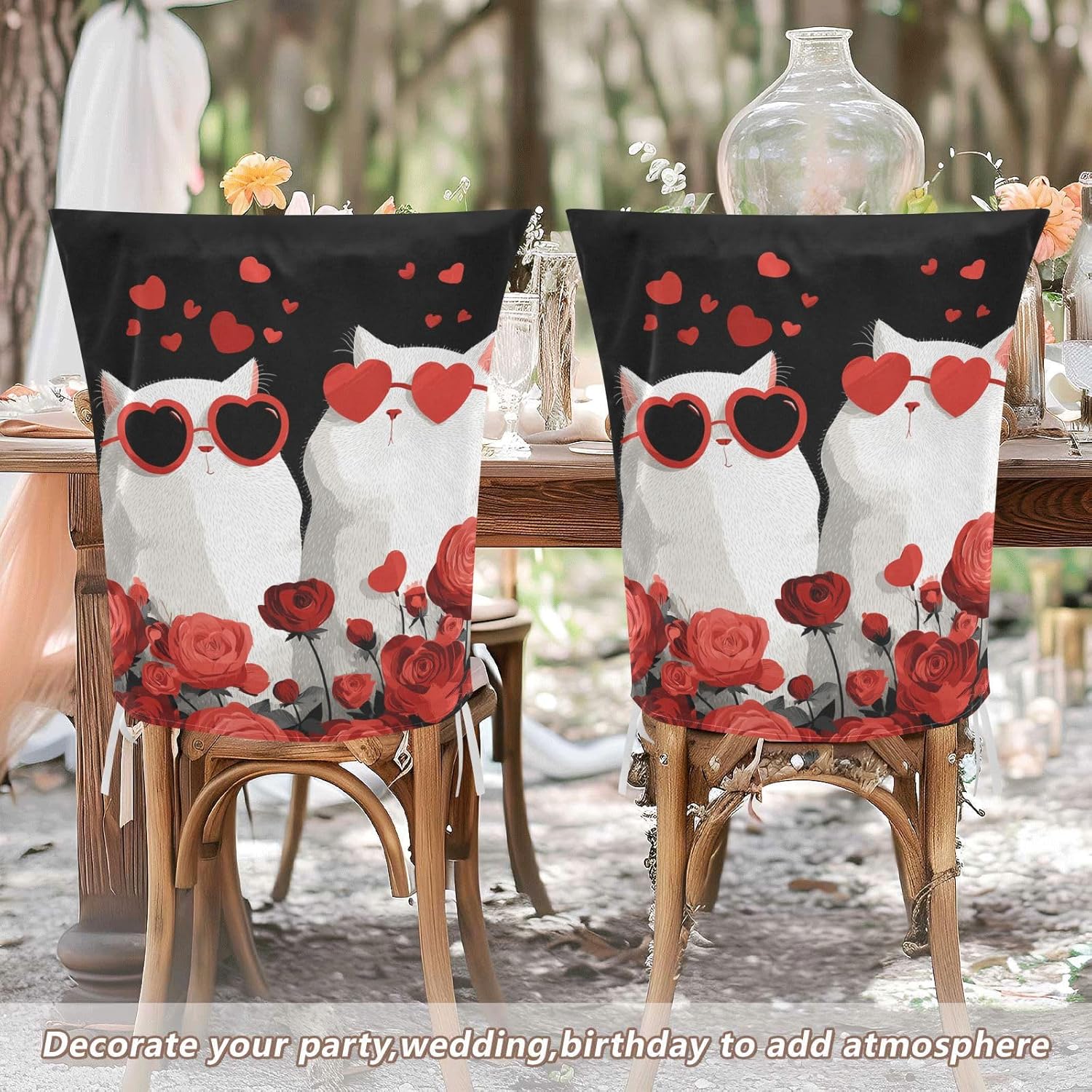 ALAZA Cats Hearts Roses Chair Back Cover Set of 6, Washable Reusable Removable Chair Slipcovers Decorative Chair Cover for Home Kitchen Wedding Party