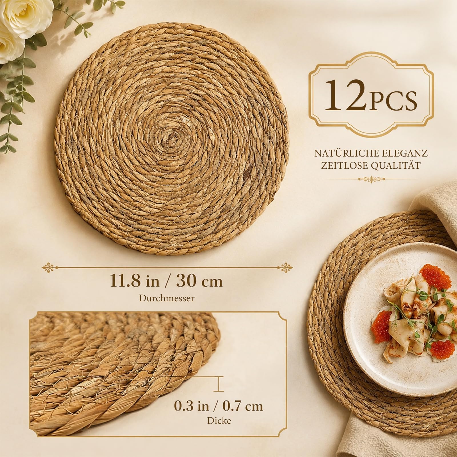 Lot de 12 Sets de Table Ronds tissés, bohèmes tressés naturels | 30 cm résistants à la chaleur, antidérapants, pour table à manger et décoration