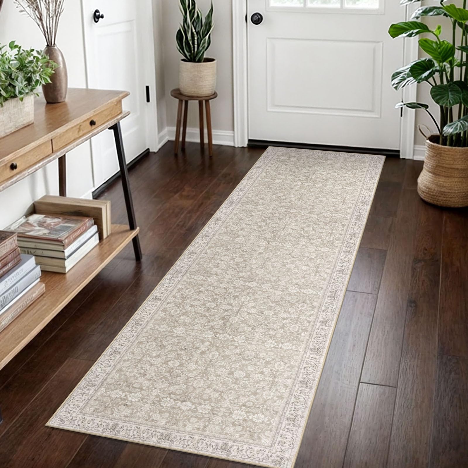 SIILOOM 2x7 Washable Runner Rug for Hallways, Cream Beige White Grey Soft Classic Kitchen Rugs with Non-Slip, Non-Shedding Distressed Floral Rug for