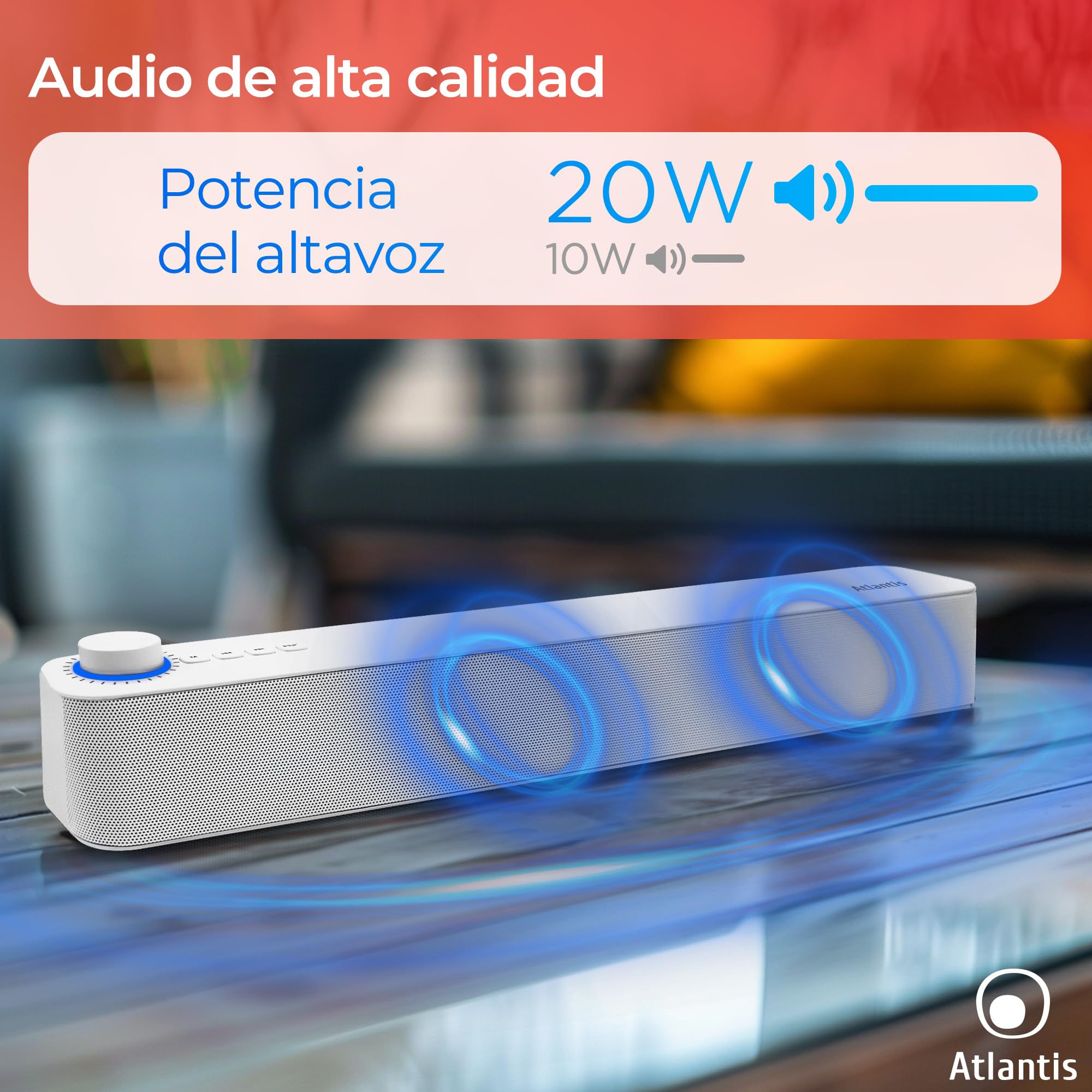 Atlantis Soundbar 20 W, Conector Jack 3,5 mm + Bluetooth 5.3, batería 2400 mAh, Radio FM, Altavoz para PC, portátil, TV, Smartphone. Dimensiones: 420 x 60 x 74 mm. Color: Blanco. P003-C0820-B