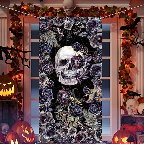 Decoraciones de Halloween, cubierta de puerta de calavera gótica de Halloween, Día de los Muertos, calavera rosa, letrero de porche delantero,