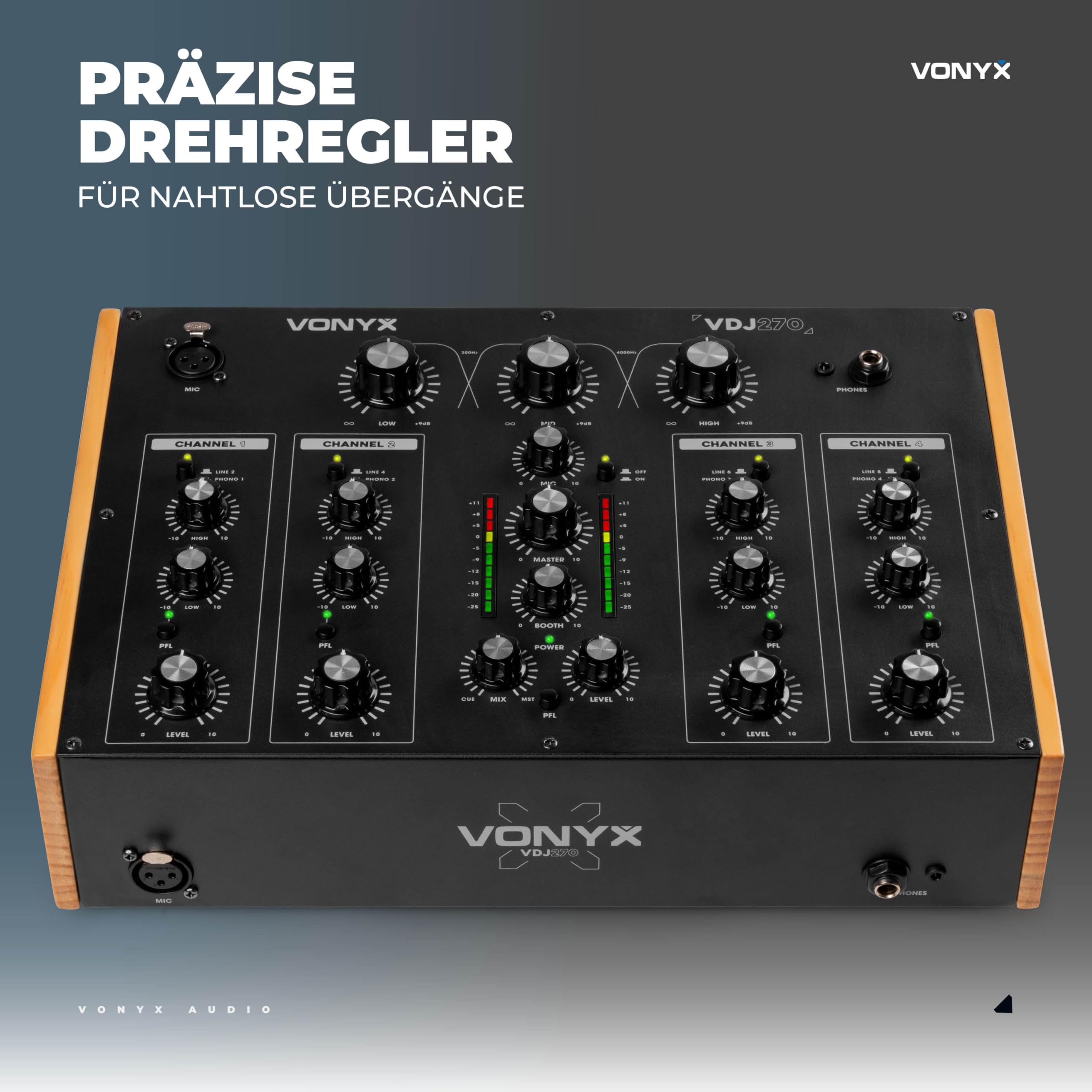 Vonyx VDJ270 DJ Mischpult 4 Kanal – Analog Rotary Audio Mixer mit 2-Band EQ & XLR – Retro DJ Mischer Schwarz Holzoptik – Sound Mixer für Vinyl & Club – Inkl. Booth Output & Mic Input