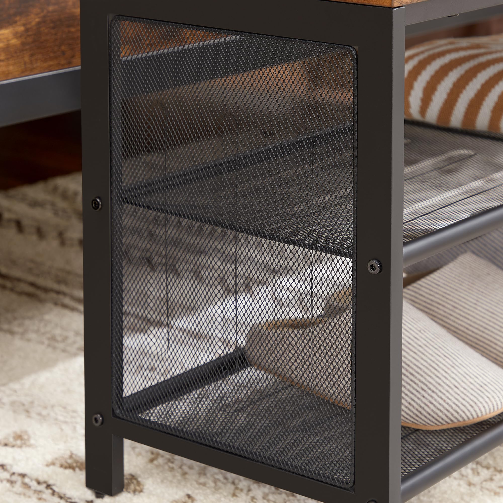 VASAGLE Banc à Chaussures, Banquette Rembourrée avec Étagères en Maille, Rangement à Chaussures, Couloir, Entrée, Gain de Place, Métal, Industriel, Similicuir Noir, Marron Rustique LBS75X